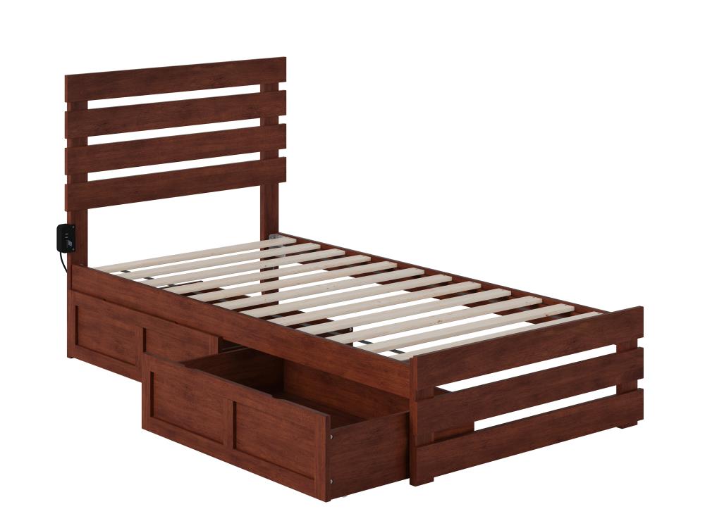 Walnut Twin Wood Platform Bed with Storage Drawers and USB Charger