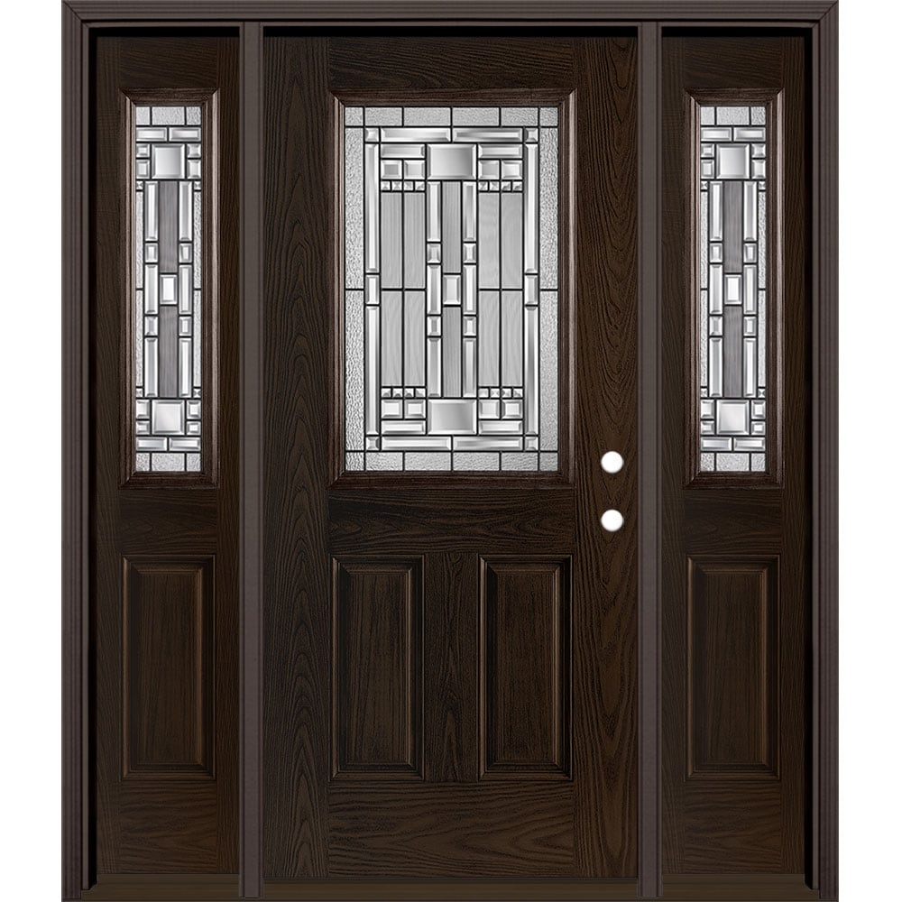 Masonite 3421055 Naples 60-in x 80-in x 4-9/16-in Fiberglass Half lite Left-hand inswing Walnut Stained Prehung Single door with sidelights Front Door with Brickmould Insulating core Decorative glass
