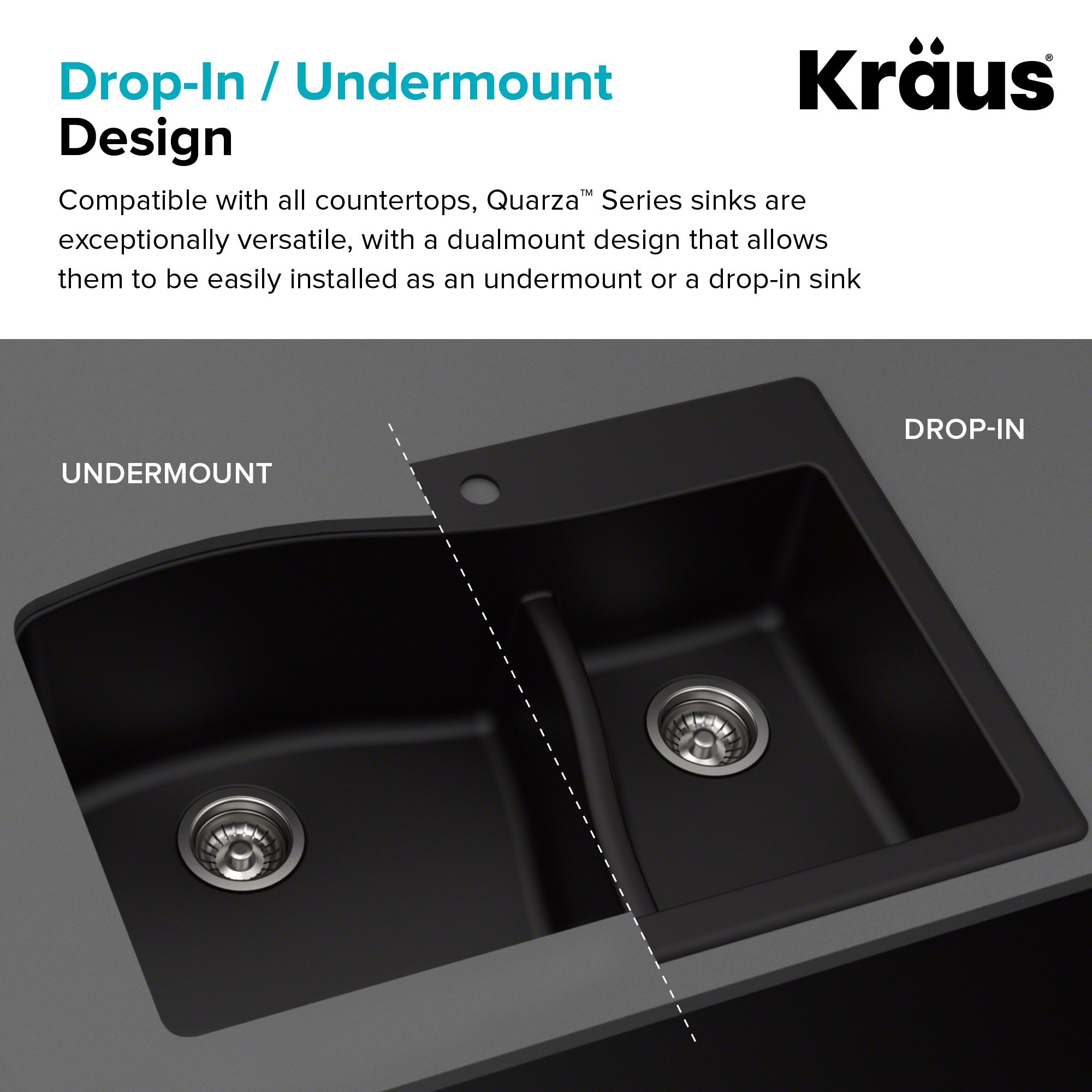 Kraus Quarza Dual-mount 33-in x 22-in Black Granite Double Offset