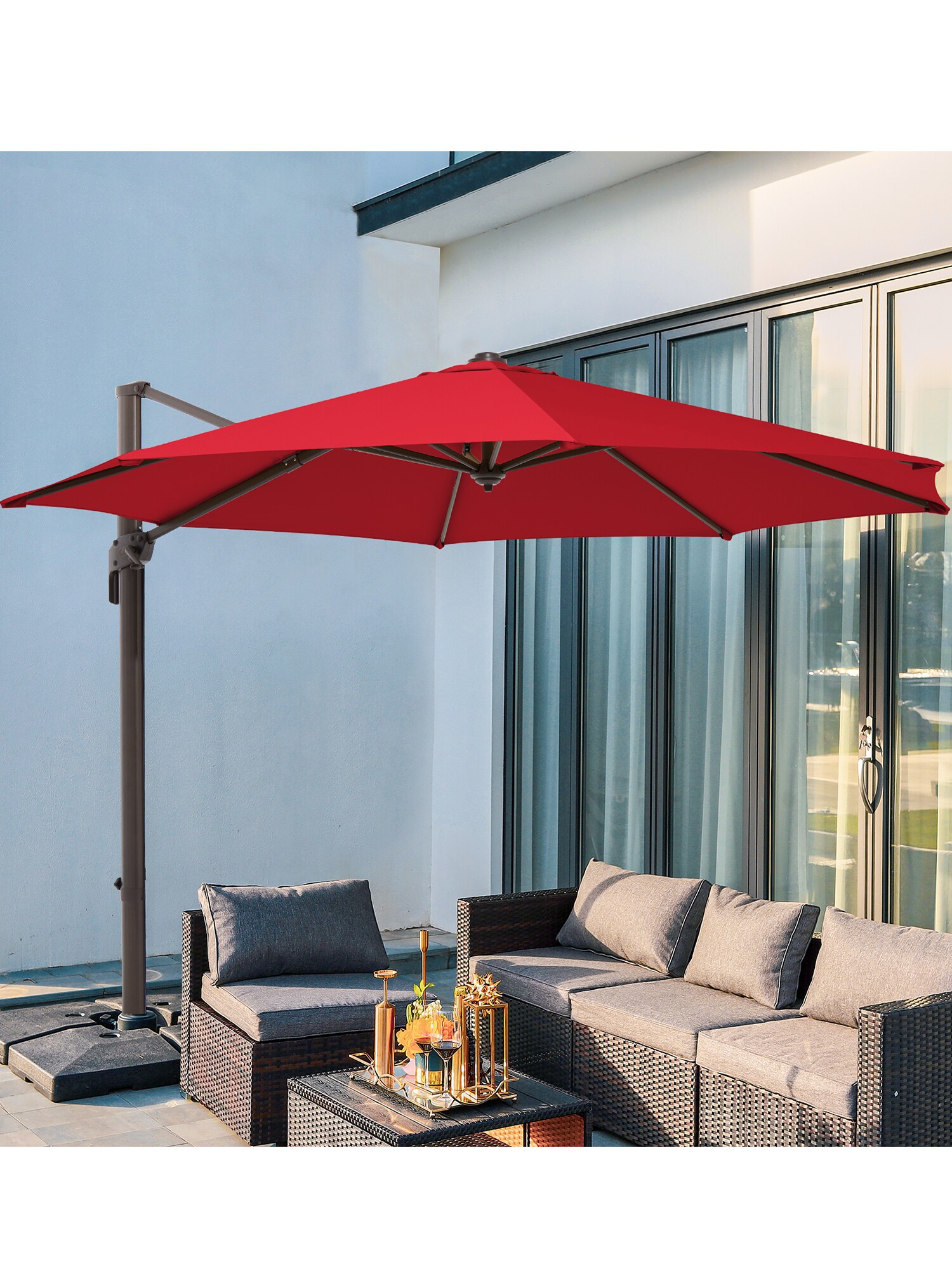 JEAREY 9 ft Red Round Offset Patio Umbrella with Detachable Rib - 360 ...