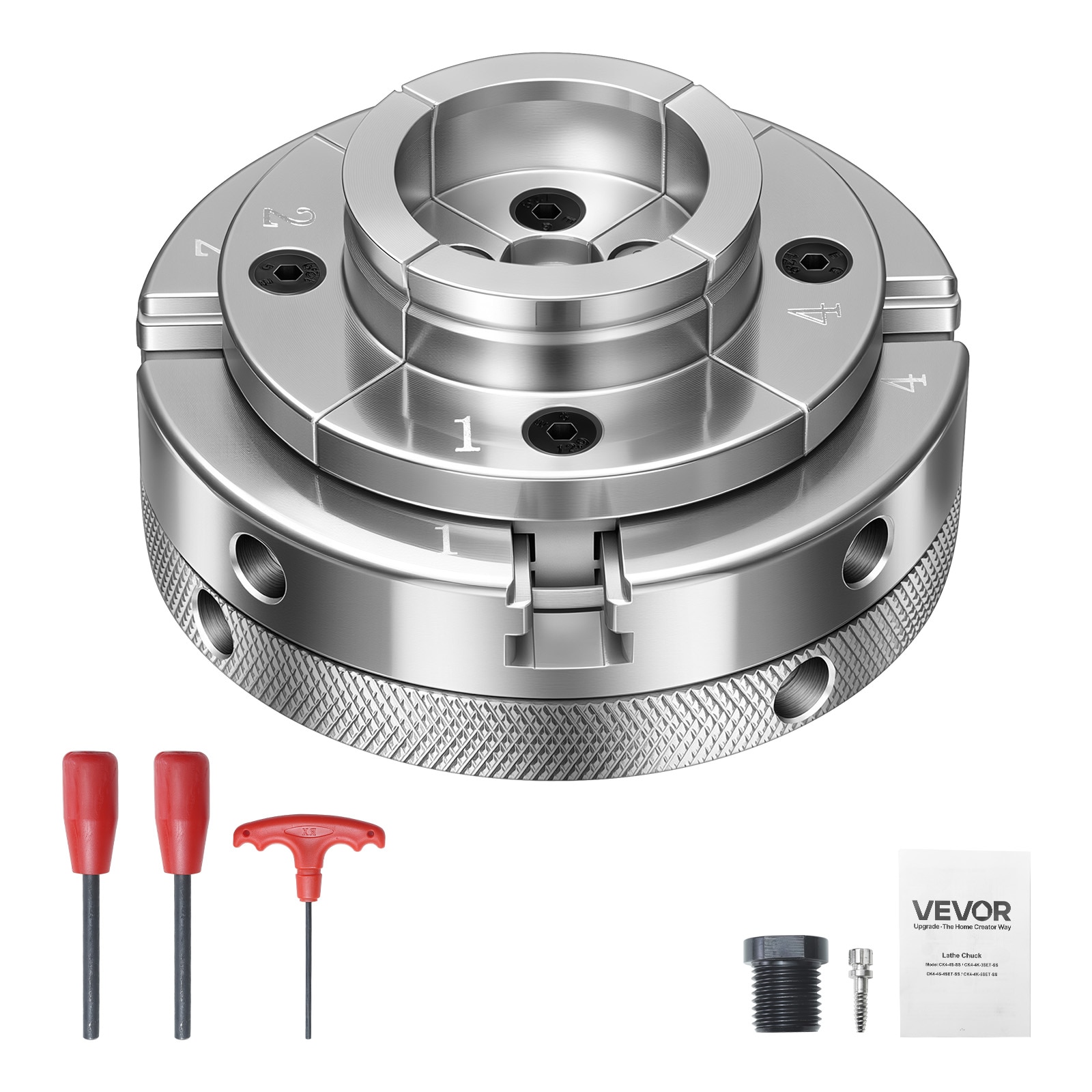 VEVOR 4 Inch Wood Lathe Chuck 4-Jaw Self-Centering Wood Turning Chuck Set with 1in x 8TPI Thread and Adapter Nickel-Plated High-Hardness Steel Inside Clamping and Outside Support for Woodworking