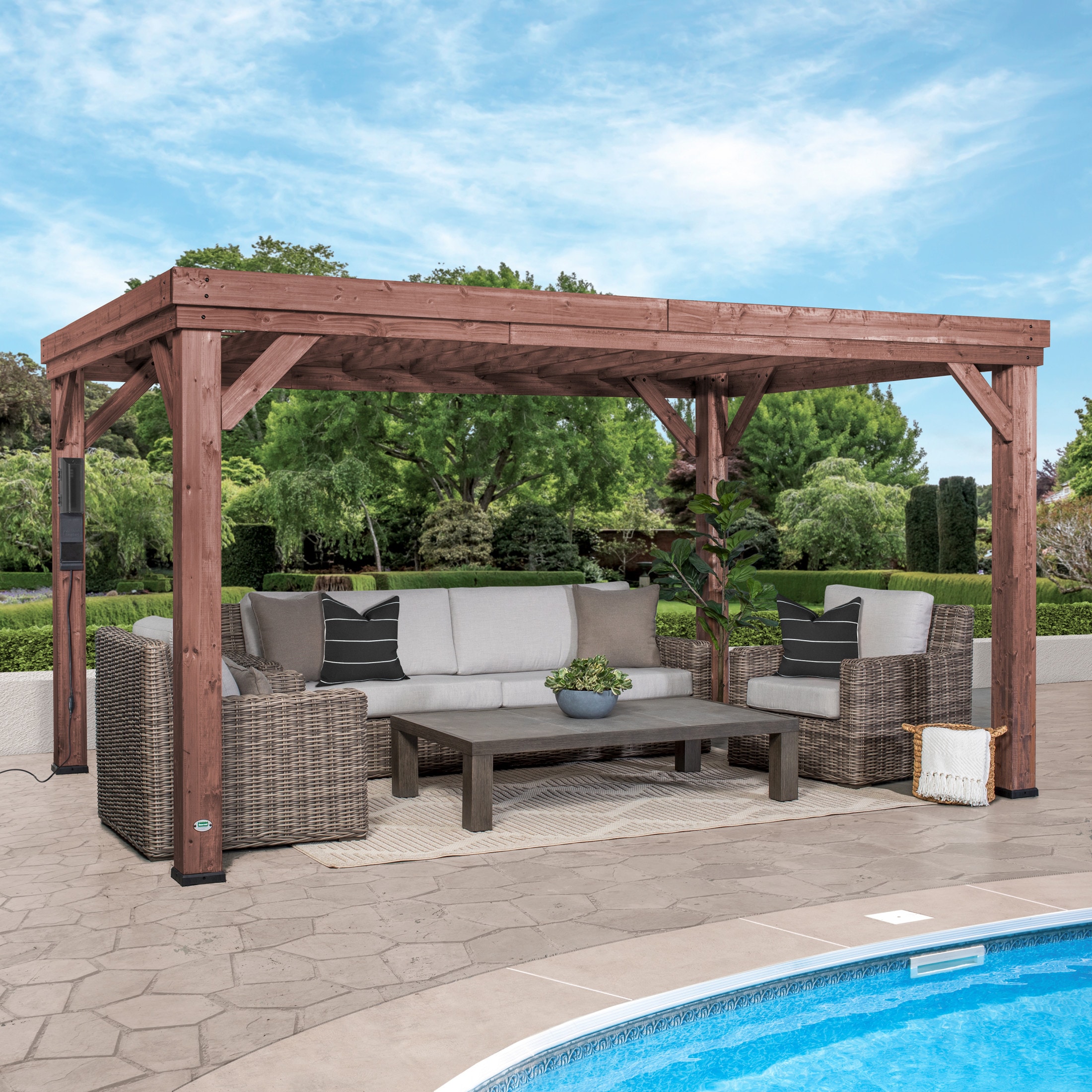 Backyard Discovery 2106543COM Brockton 10-ft W x 14-ft L x 7-ft 8-in H Brown Wood Freestanding Pergola