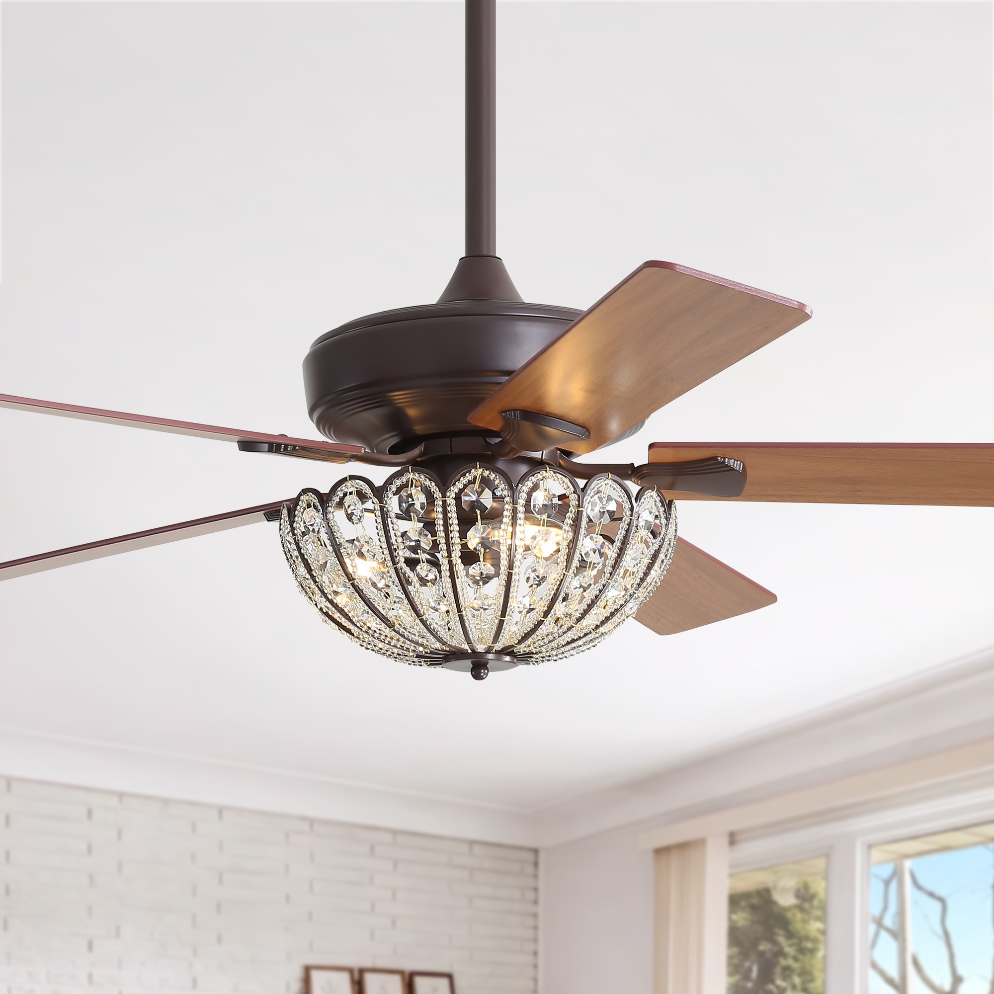 HyperDrop Cart 52-in Coffee Color Ceiling Fan with Crystal Light Remote 5 Plywood Blades Vintage Reversible DC Motor