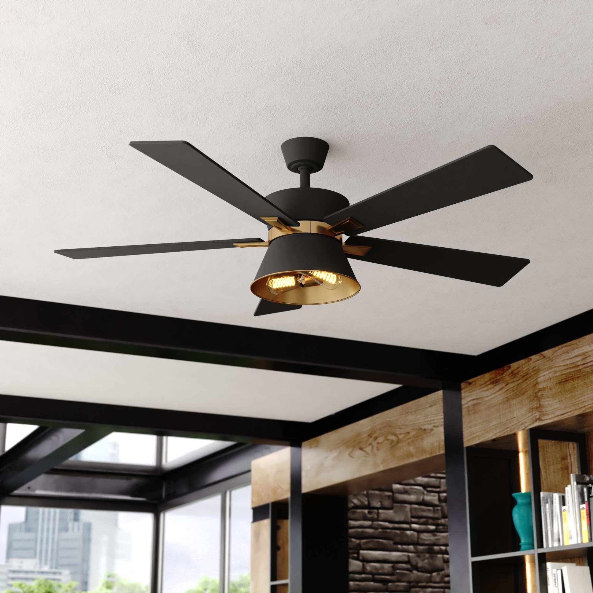 Cascadia F0126 Scottsdale 52-in Black and Gold with Black-Walnut Blades Ceiling Fan With Light - Remote Included ( 5 -Blade )
