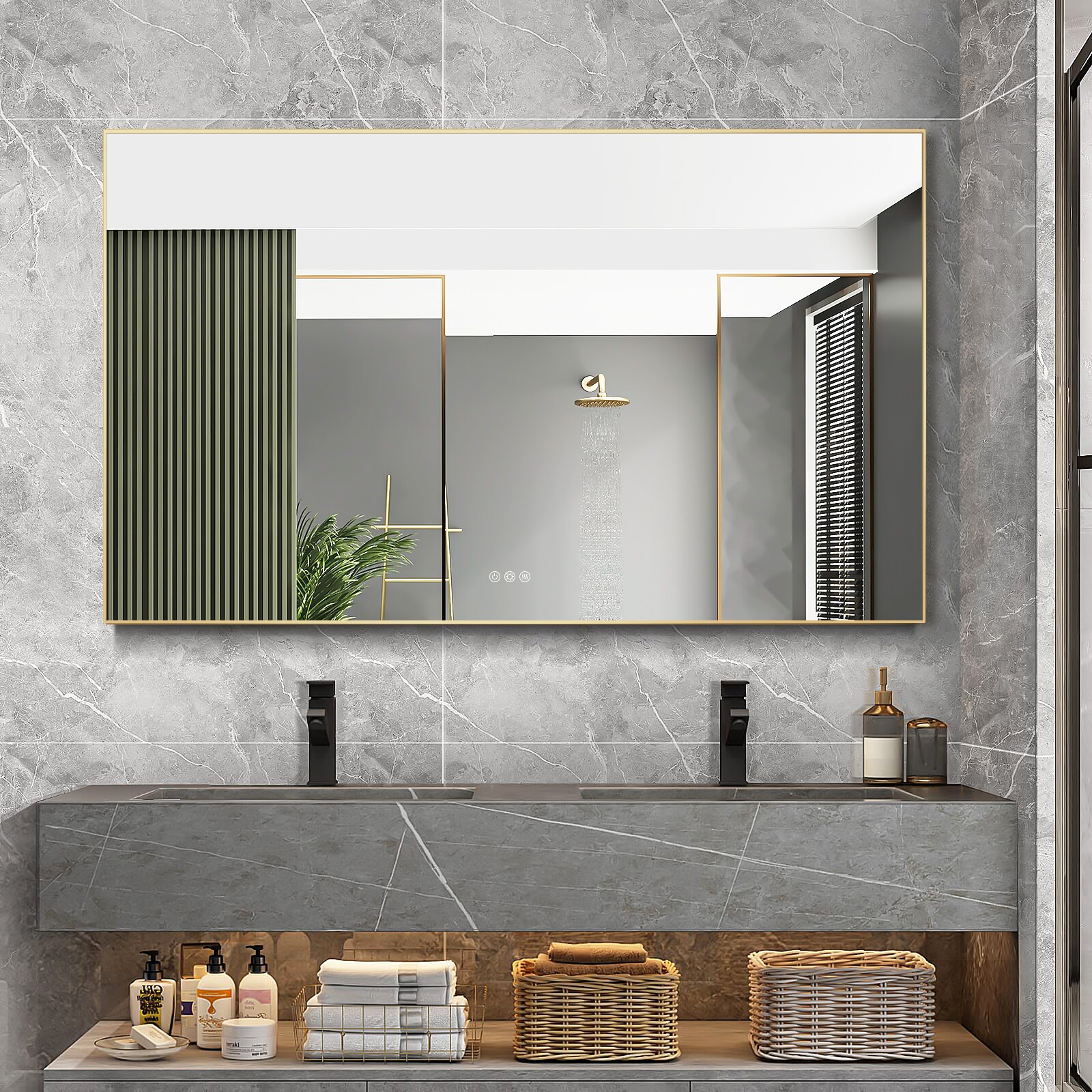 Forclover HE-33MK6036 60-Inches x 36-Inches Framed Rectangle Dimmable Lighted Fog Free Bathroom Vanity Mirror ( Gold )