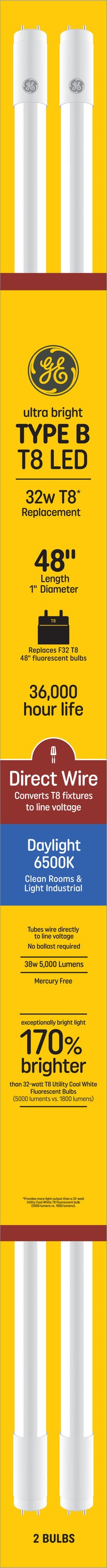 GE Ultra Bright LED Direct Wire 32-Watt EQ T8 Daylight Medium Bi-pin (g13) LED  Light Bulb (2-Pack) in the Tube Light Bulbs department at