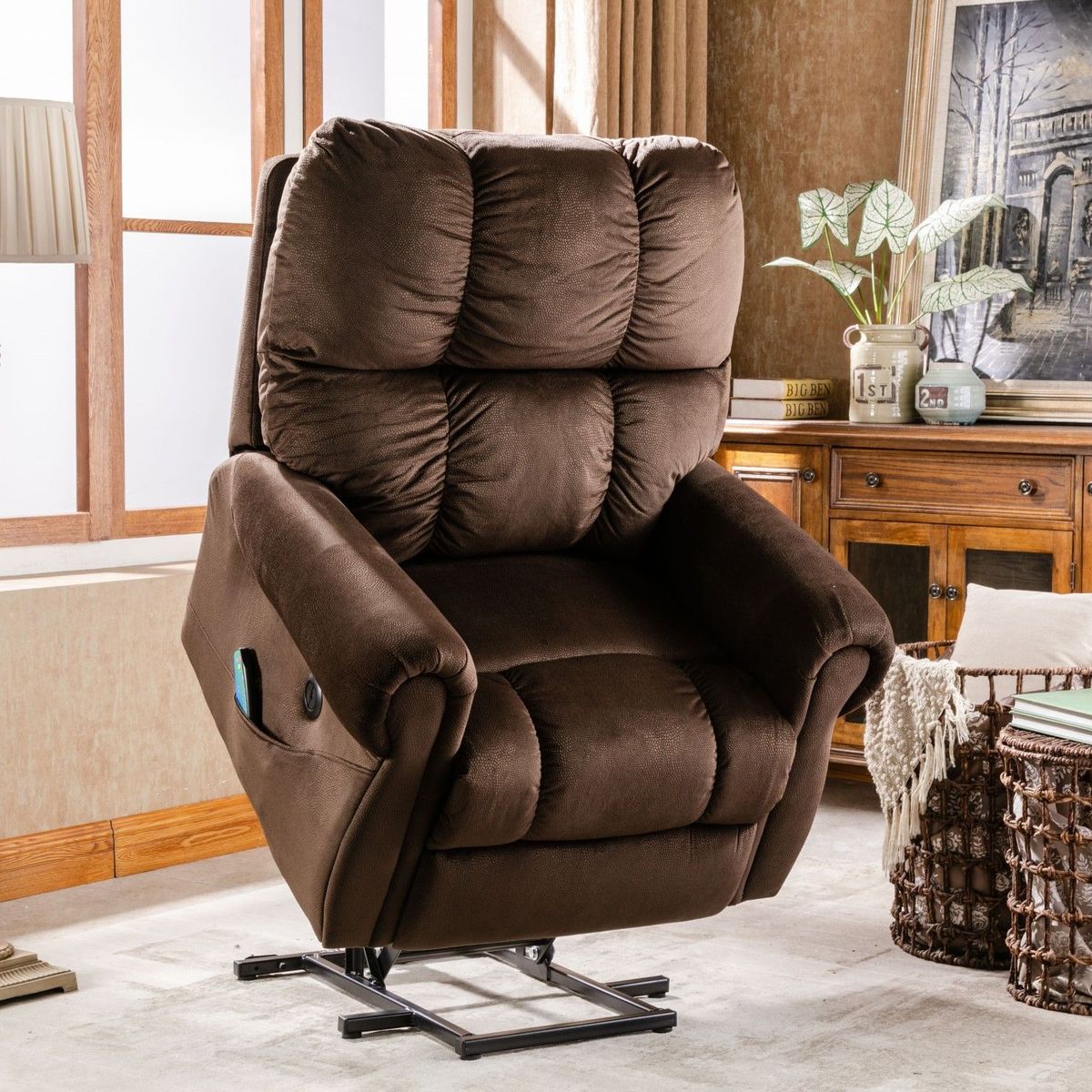 JASMODER W501S00009 Chocolate Upholstered Tufted Recliner with Lift Assistance