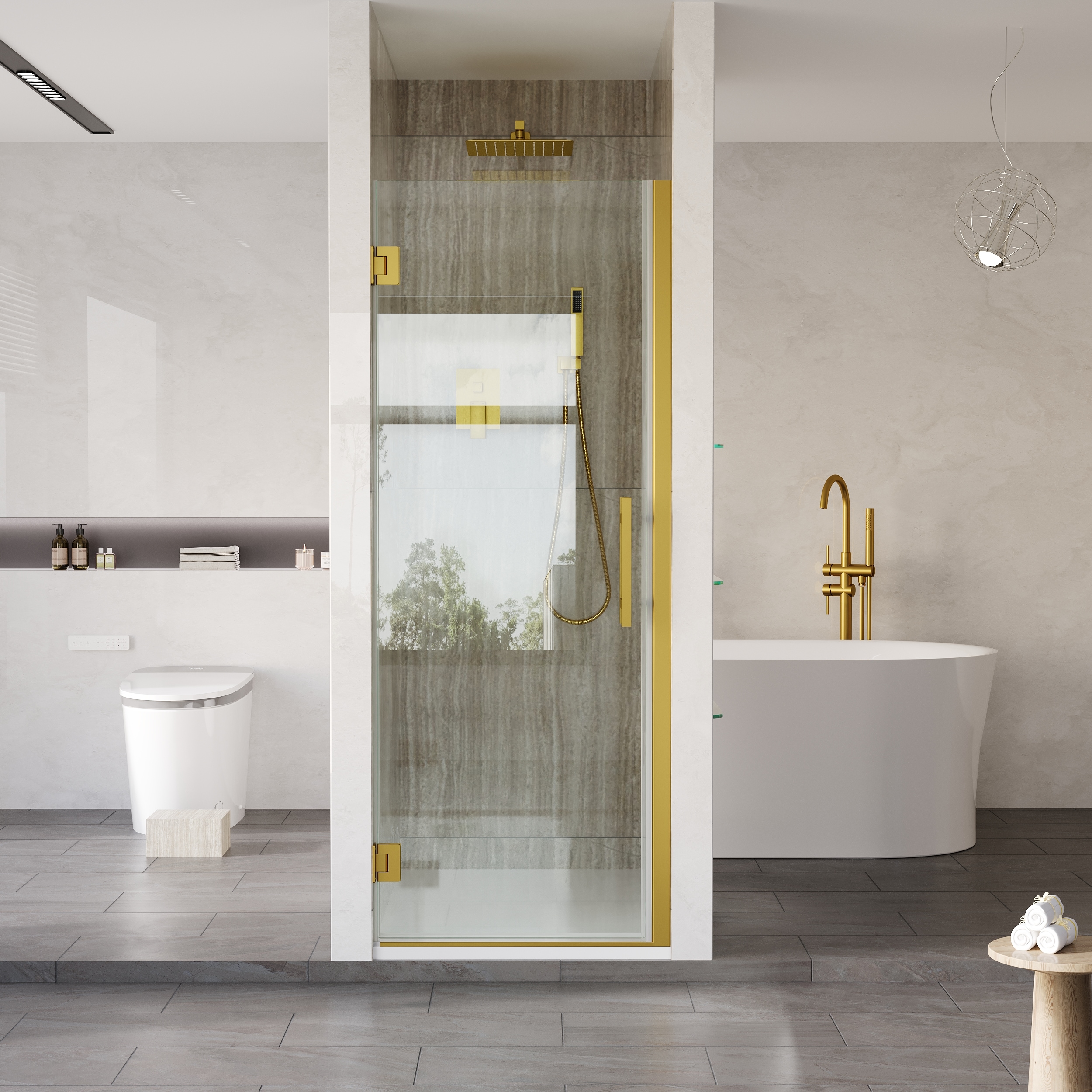 WELLFOR UNIFIT Brushed Gold 28-in to 29-in W x 72-in H Frameless Clear Glass Hinged Shower door