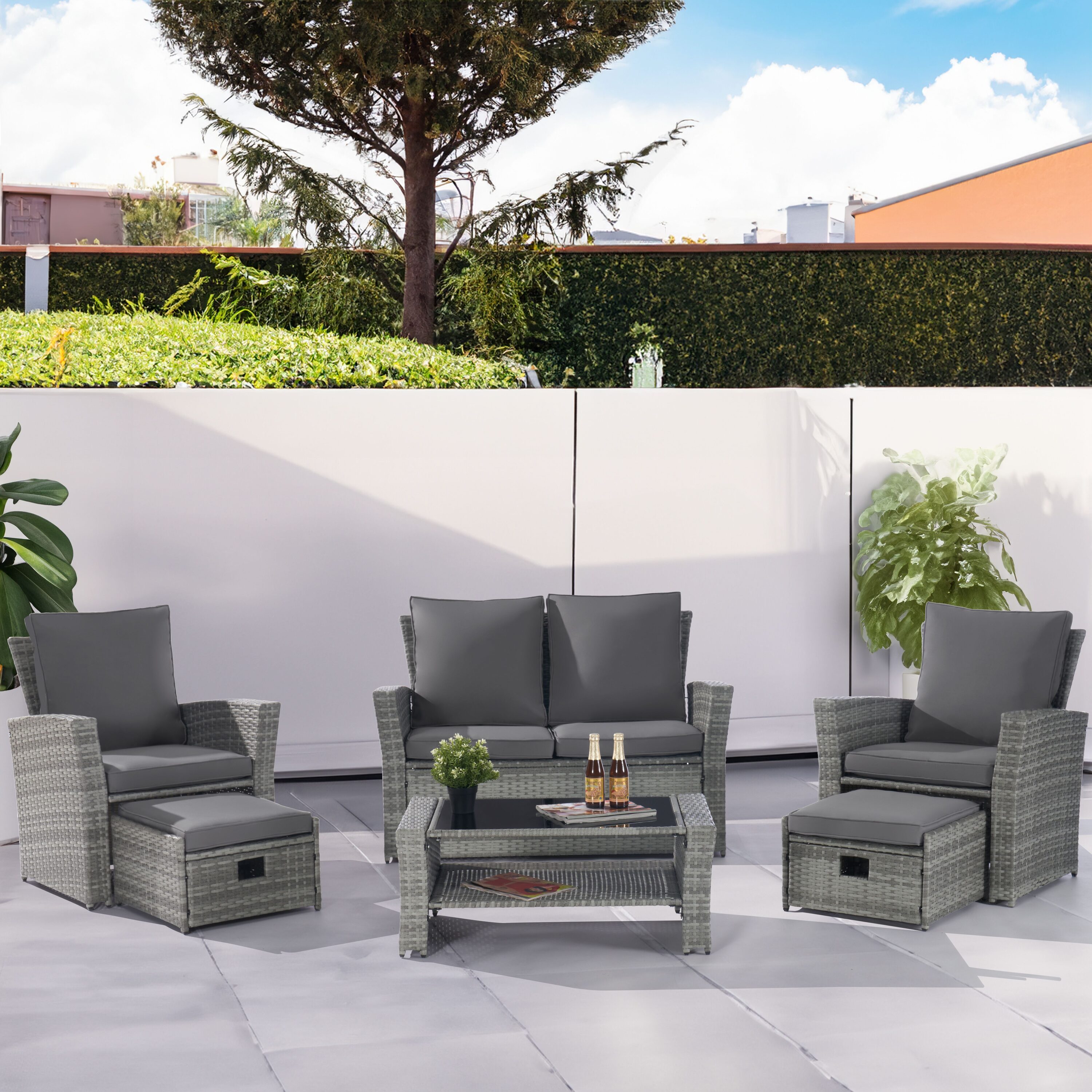 SANSTAR L-WS118-LY 6 -Piece Rattan Patio Sofa Conversation Set with Gray Cushions
