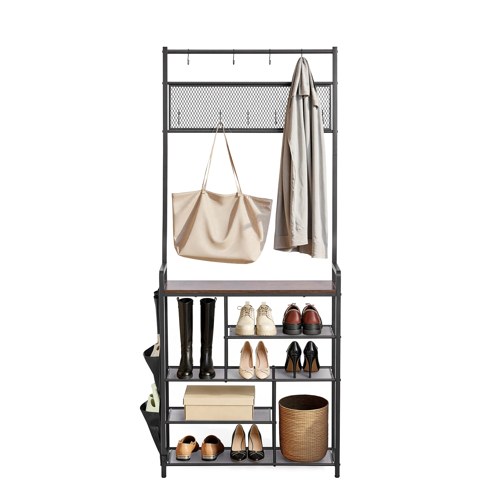 Mecale - 71-in Hall Tree Coat Rack with 4-Tier Shoe Storage Steel Frame Hooks and Side Pocket Black