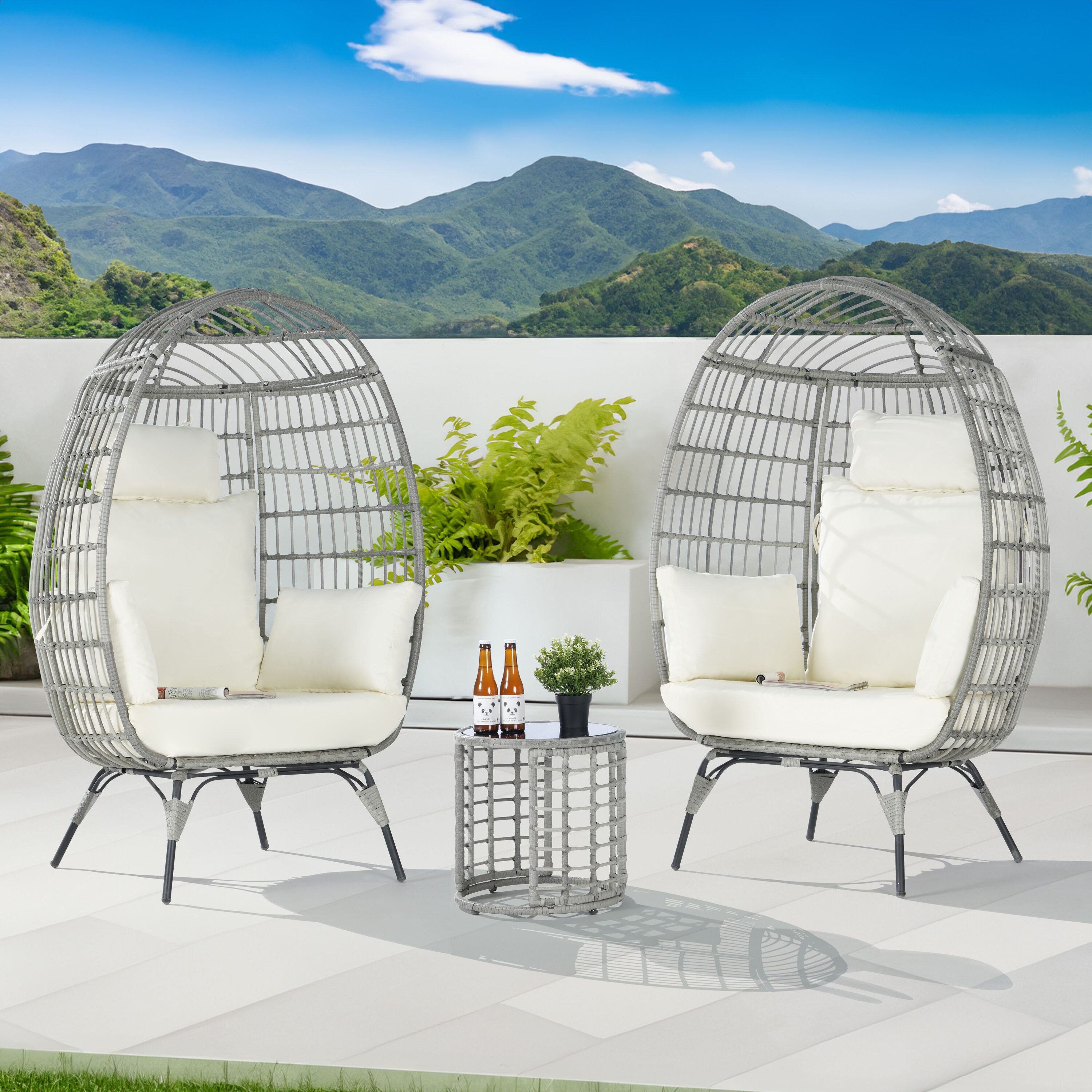 SANSTAR L-JDC61BE-3P 3 -Piece Wicker Patio Conversation Set with Off-white Cushions