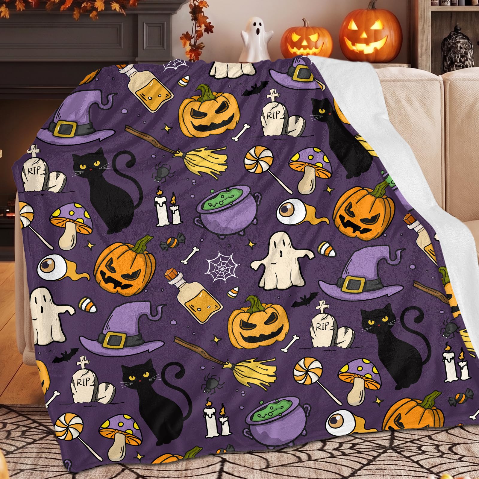 Anqtovp  Purple Halloween Blanket with Orange Pumpkins and Black Cat Design Soft Lightweight Kids Halloween Decor Throw Blanket Forty by Sixty