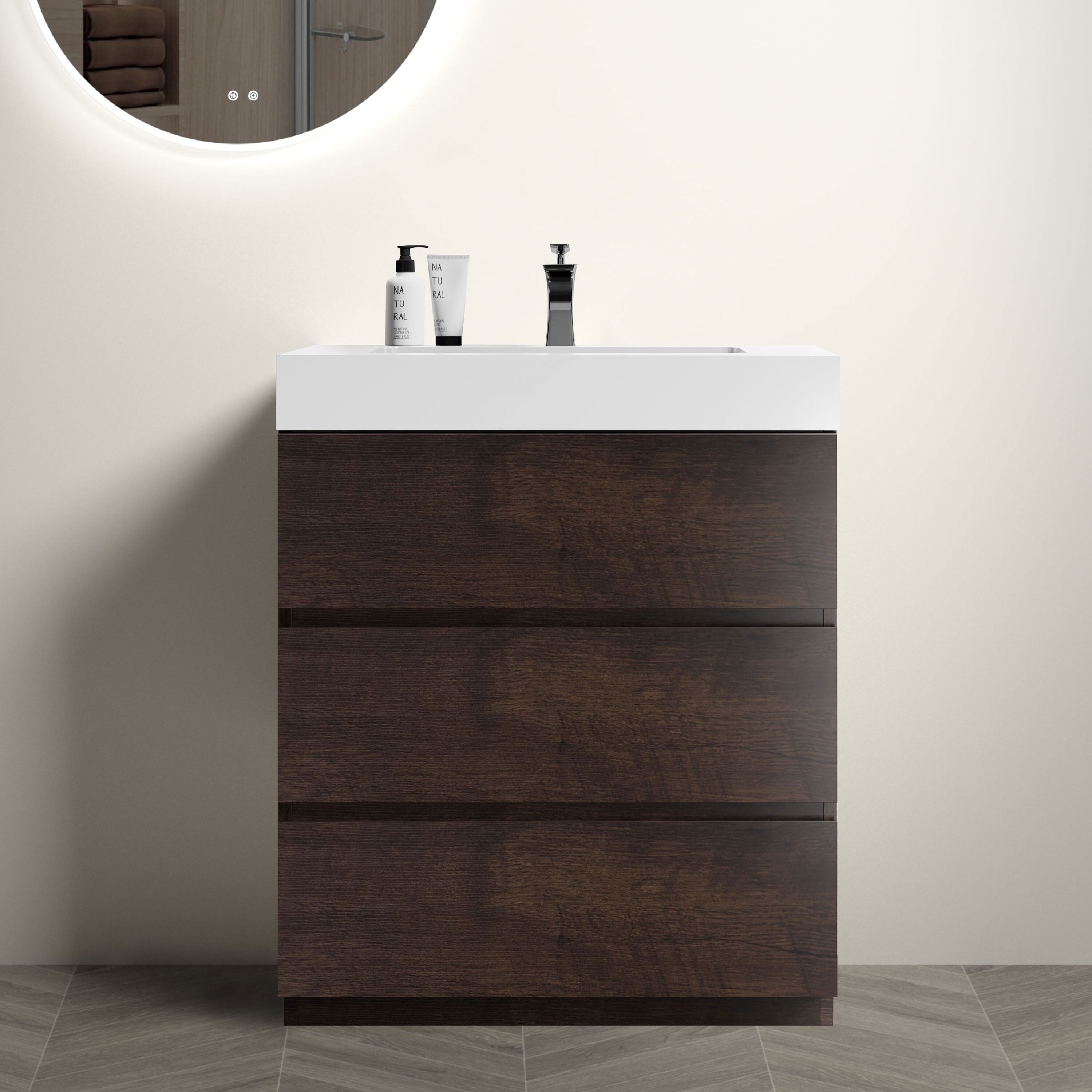 LOVMOR SF-J-W1865S00020 30in Walnut Bathroom Vanity with Sink Large Storage Freestanding Bathroom Vanity One-Piece White Sink Basin without Drain and Faucet Pre-assembled