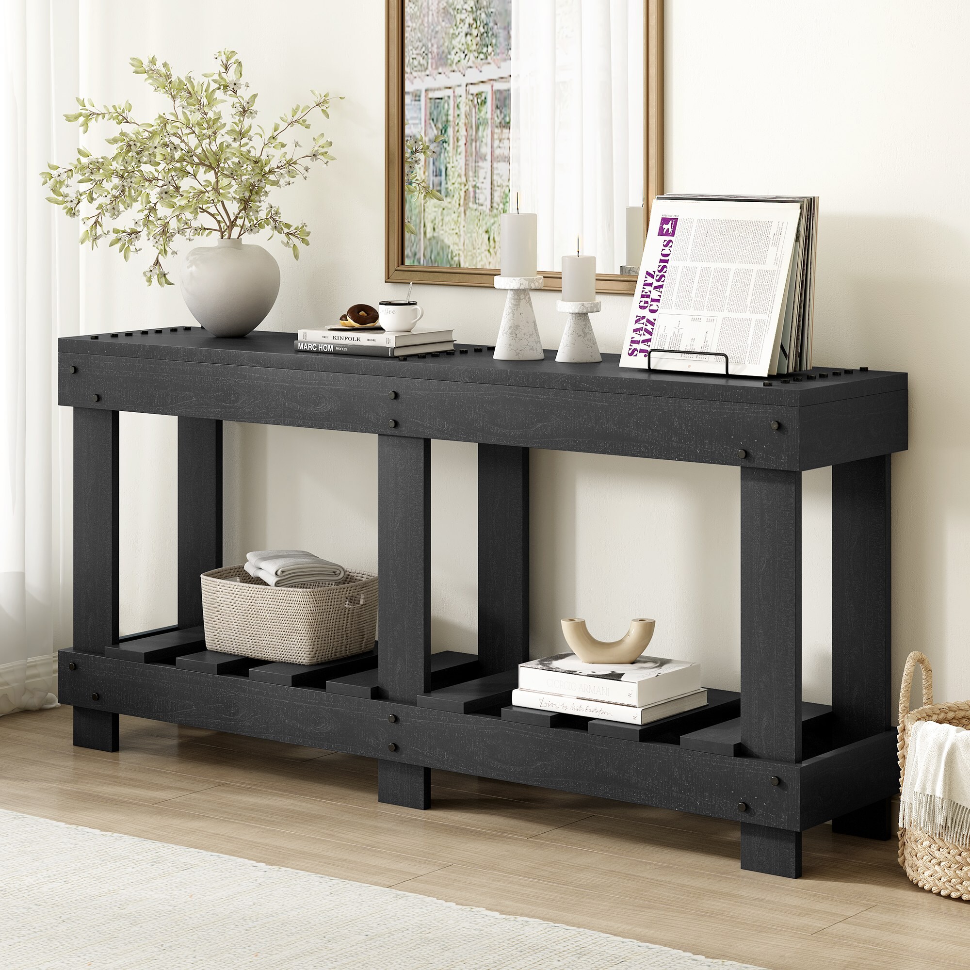 Dexmalle N711P289135B Vintage Black Console Table with Metal Rivet Decor and Plank Under-Shelf