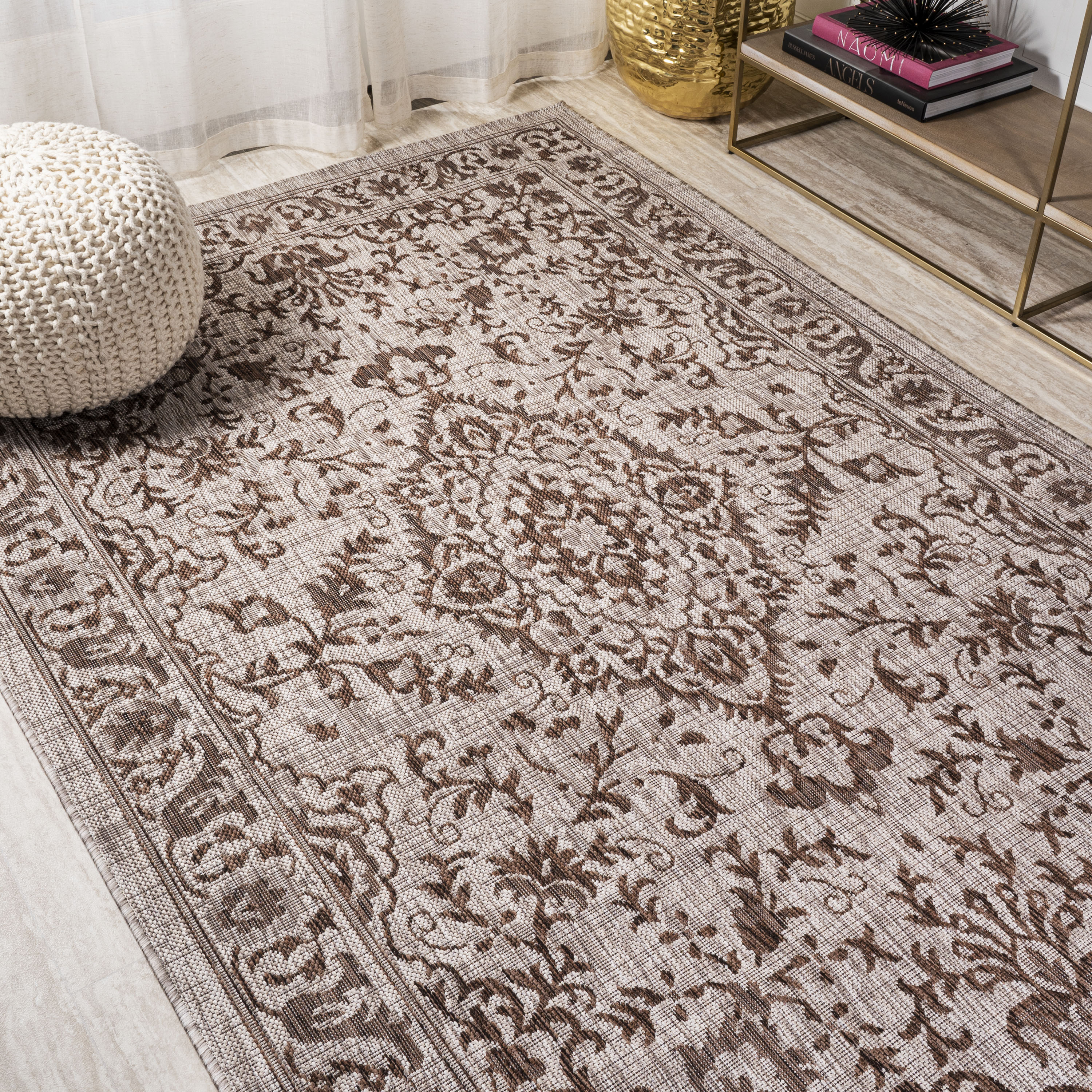 Ivory and Brown Medallion 8' x 10' Synthetic Rug