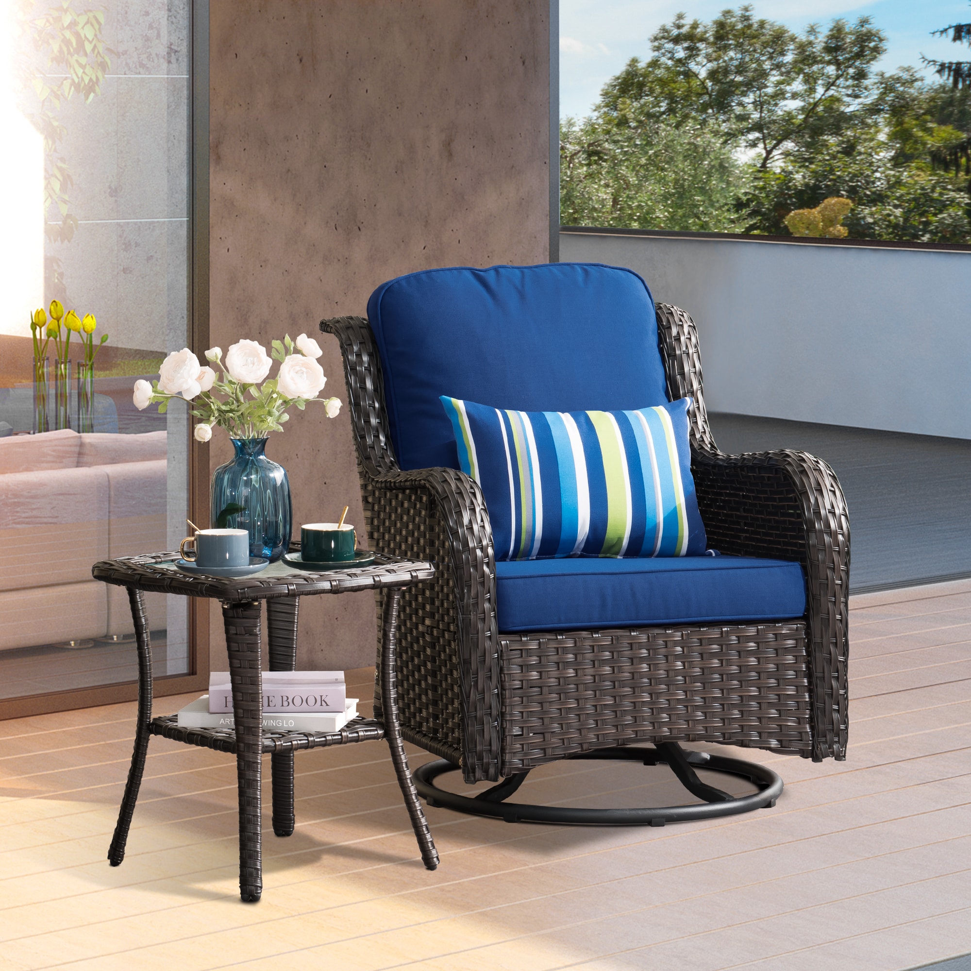 XIZZI XIMW701-1RC Vesta Wicker Brown PE rattan with Navy Blue Cushion Metal Frame Swivel Rocking Chair with Blue Cushioned Seat