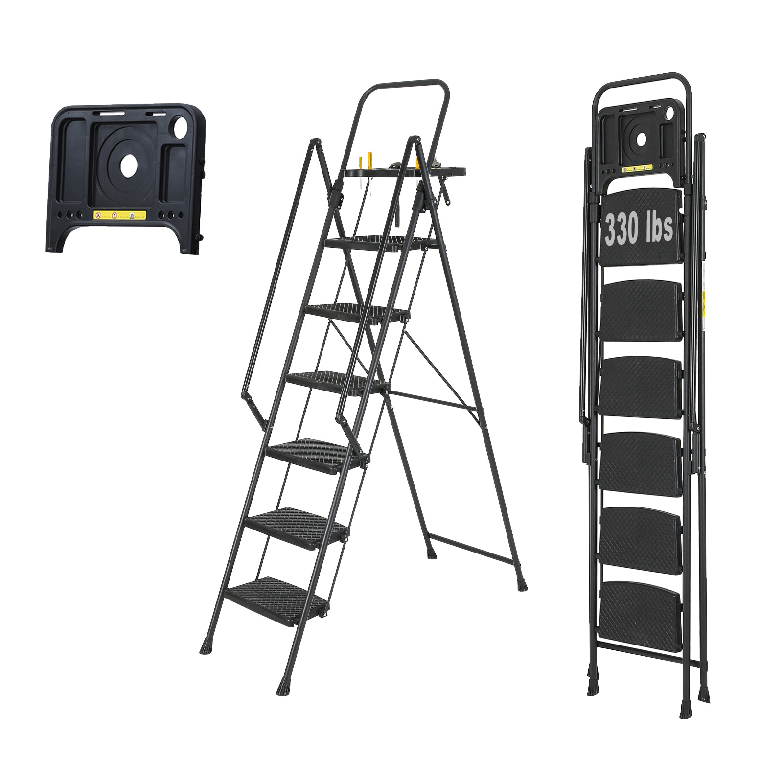 Siavonce XH06797 6 Step Ladder 6 -Step 330-lb Capacity Black Steel Foldable Step Stool