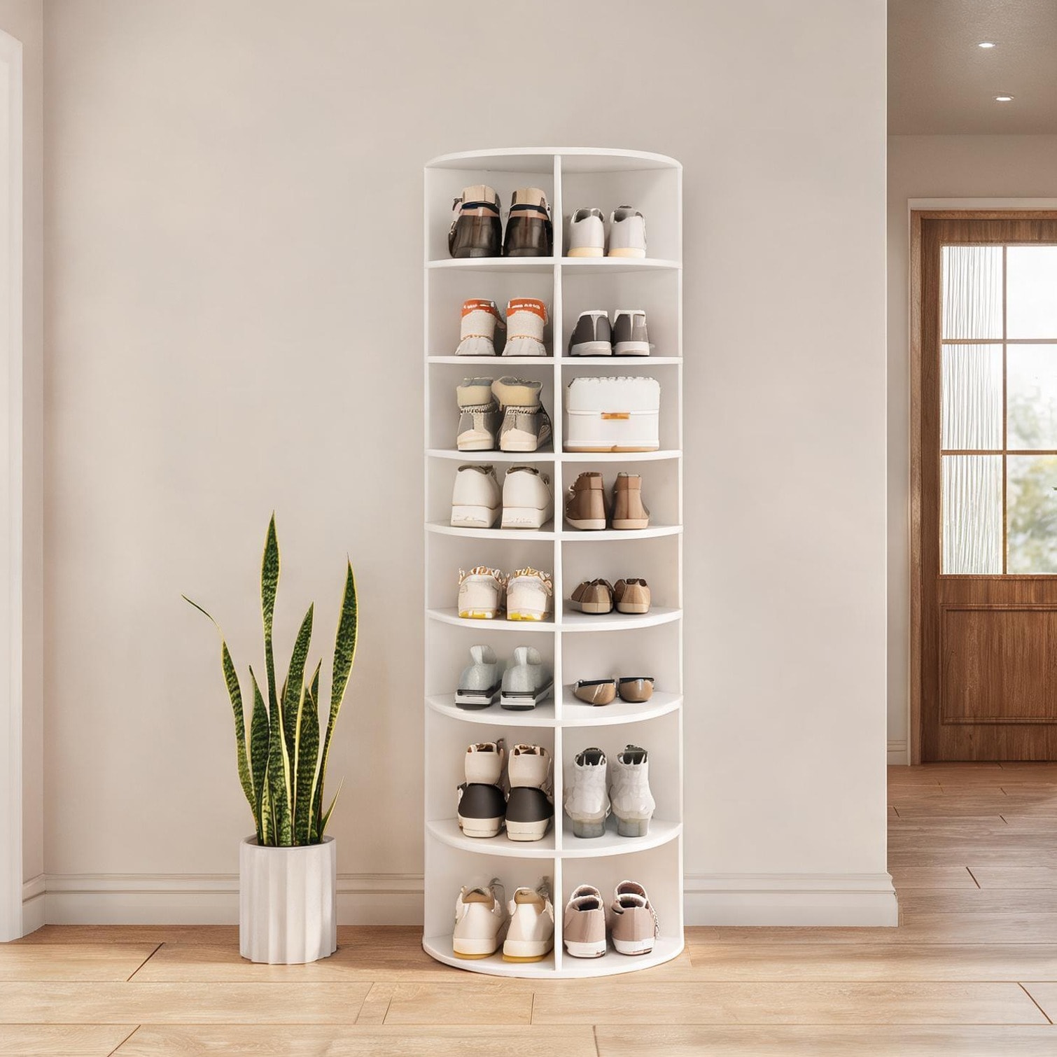 chillscreamni 7-Tier Rotating Shoe Rack 360 Carousel Wood-Plastic Composite Compact 60x60 cm Footprint 184 cm Tall Entryway Storage