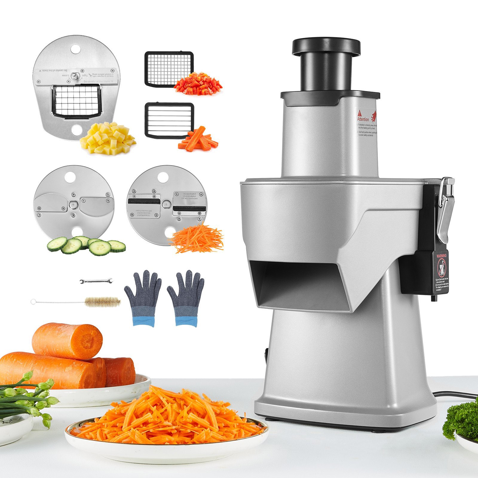 Mecale YAS-C9XM1C Stainless Steel 200W 4-in-1 Electric Vegetable Slicer Chopper Dicer with Cut-Resistant Gloves Slicing Shredding Dicing Silver
