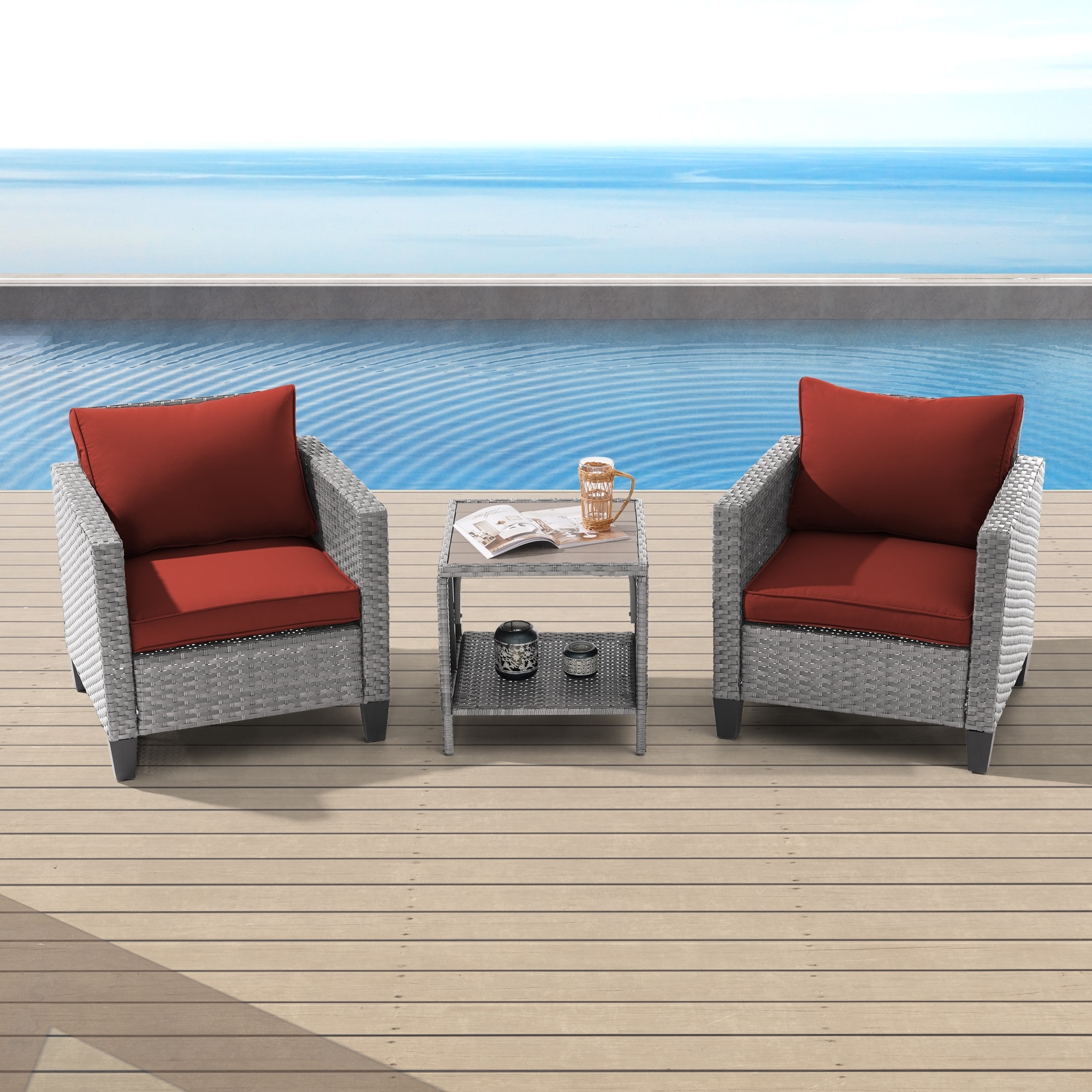ACEGOSES LW-S2HOG-T3 3-Piece Wicker Patio Conversation Set with Red Cushions