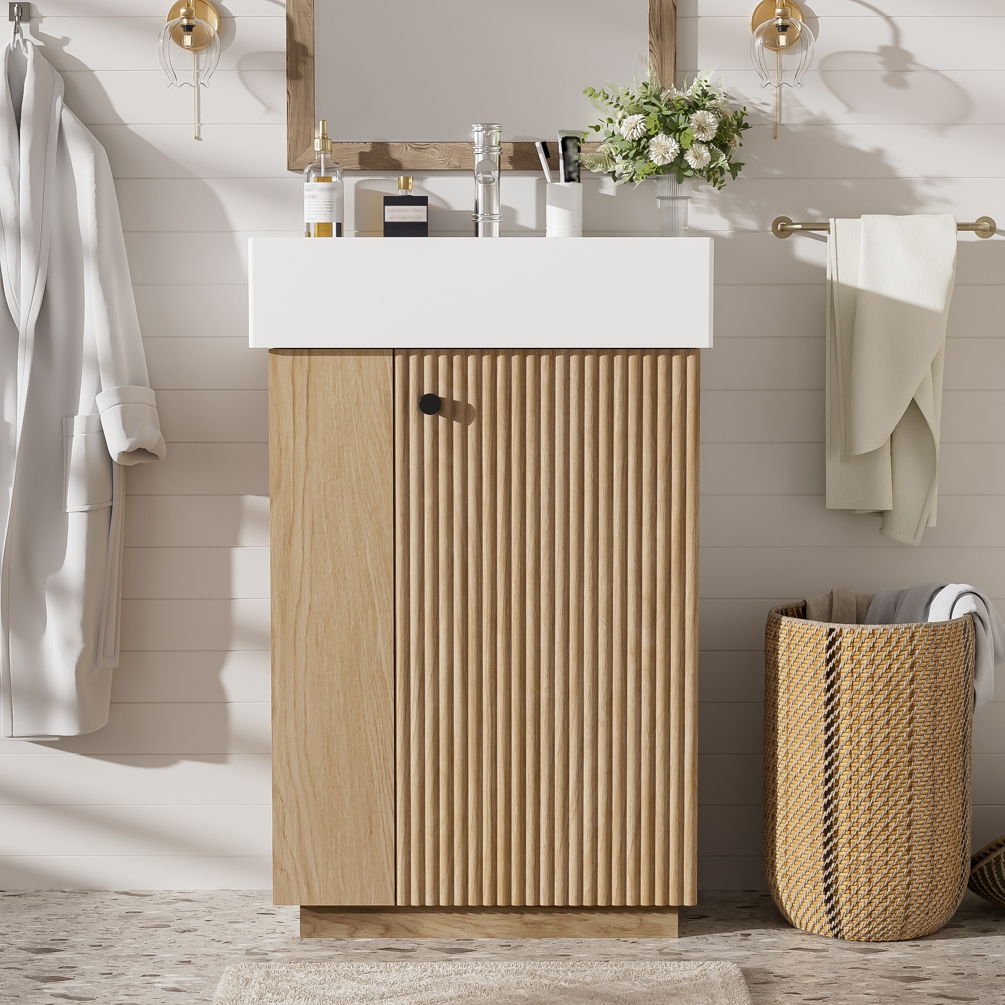 Tatayosi RY-P285503N 21.6 Inch Bathroom Vanity with Ceramic Sink Freestanding Storage Cabinet with Soft Close Doors and Tissue Holder for Small Bathrooms