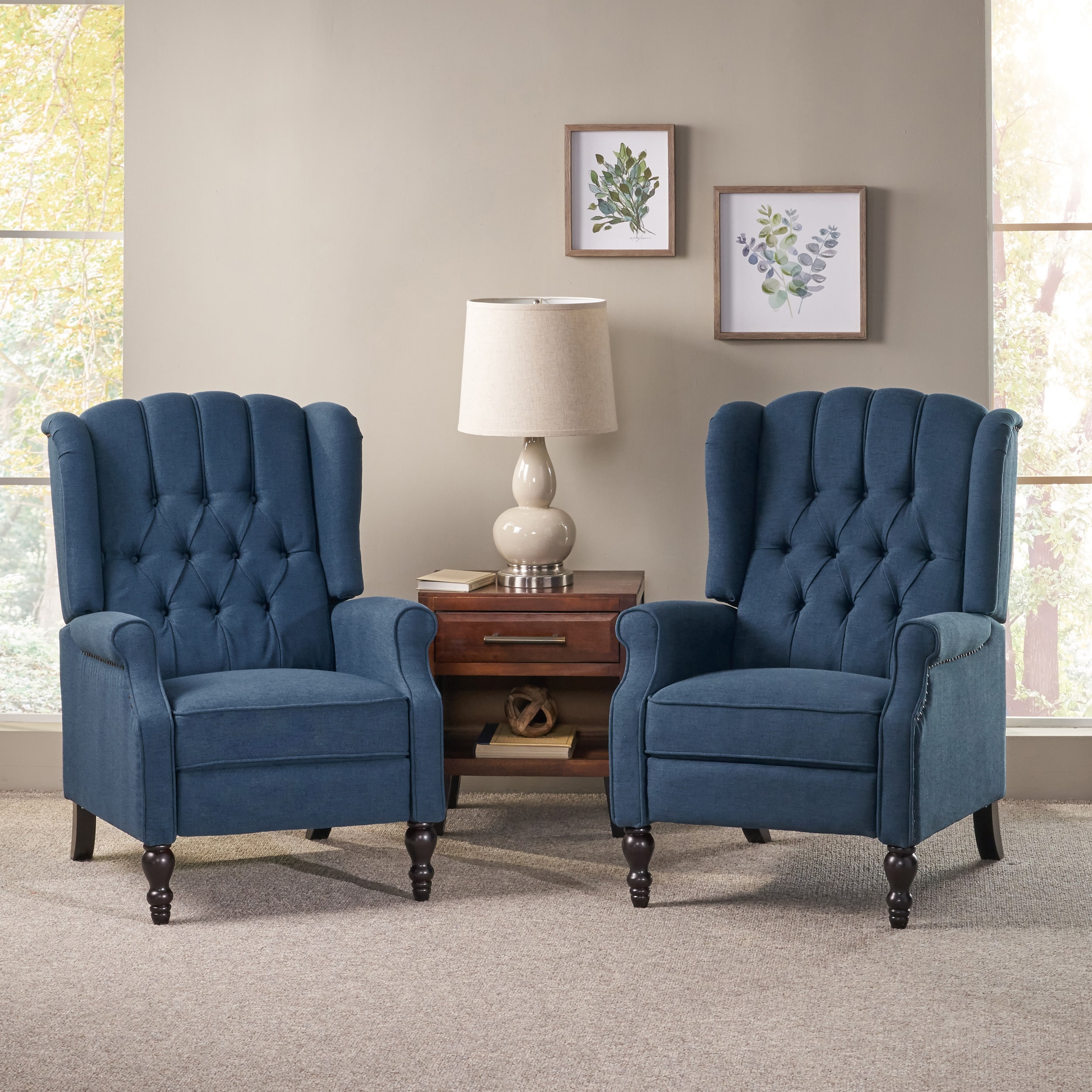 Navy Blue Handcrafted Wingback Pushback Recliner with Wooden Accents