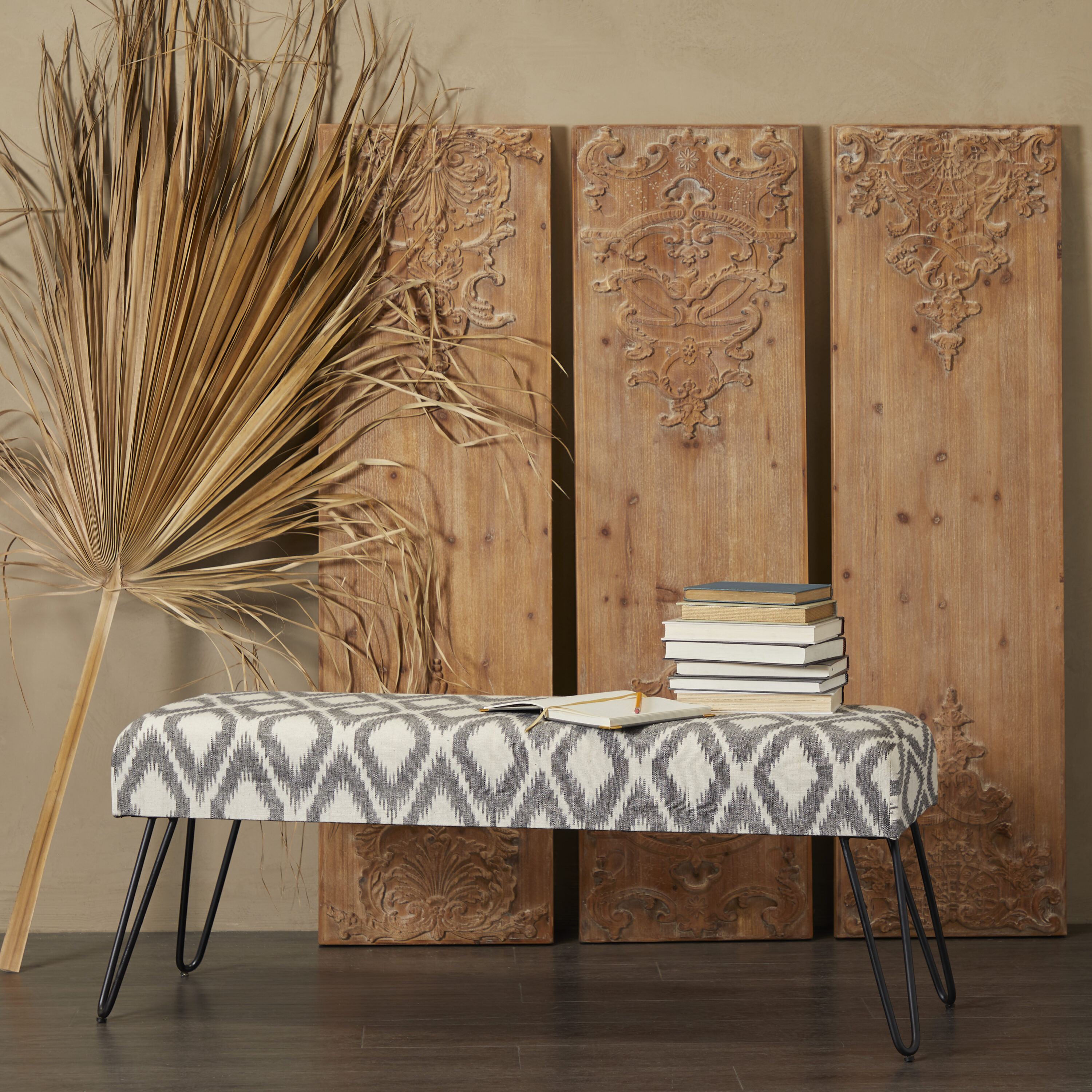Grayson Lane 88603 Casual Gray with Diamond Pattern and Metal Hairpin Legs Accent Bench 47-in x 19-in x 16-in