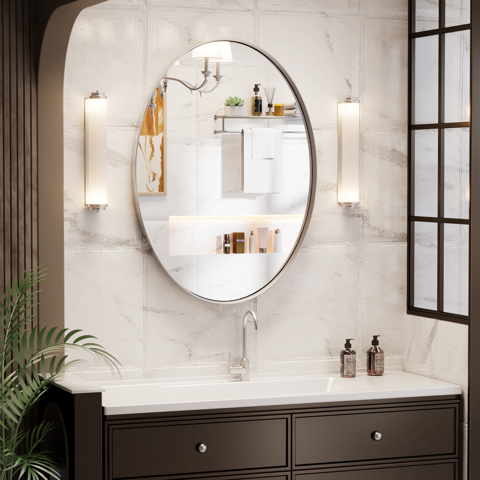 Clavie LS-22301-OSV Bathroom Mirrors Wall Mirrors Accent Mirrors 22-in W x 30.0-in H Oval Silver Framed Wall Mirror