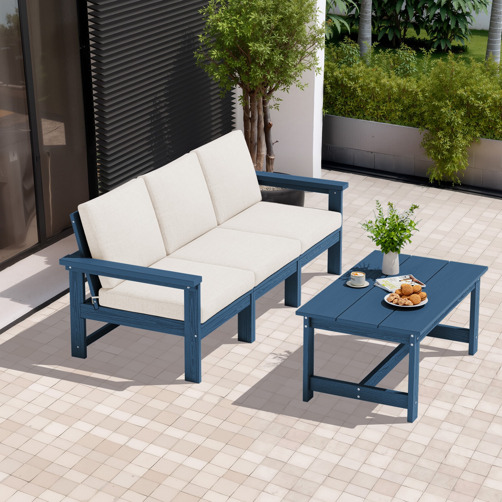 VOUA ZHSF04-NK HDPE Patio 3-Seater Sofa Set with Coffee Table 2 -Piece Patio Sofa Conversation Set with Beige Cushions
