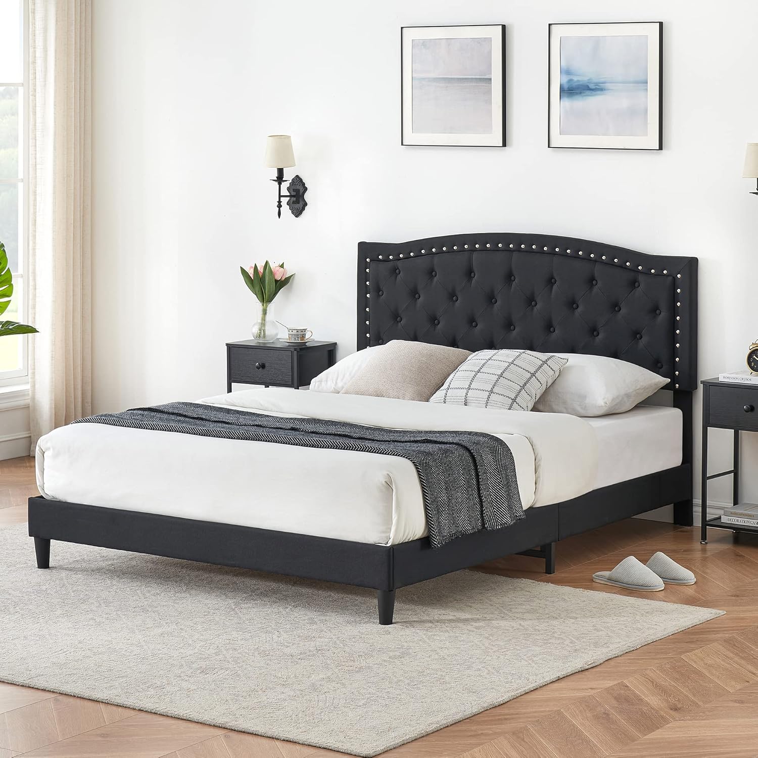 Qeetex LHF-BED-PHO-0XYU02TJ Full Size Bed Frame Upholstered Platform Bed Frame with Adjustable Button Tufted Headboard with Nailhead Trim Wood Slat Support No Box Spring Needed Black