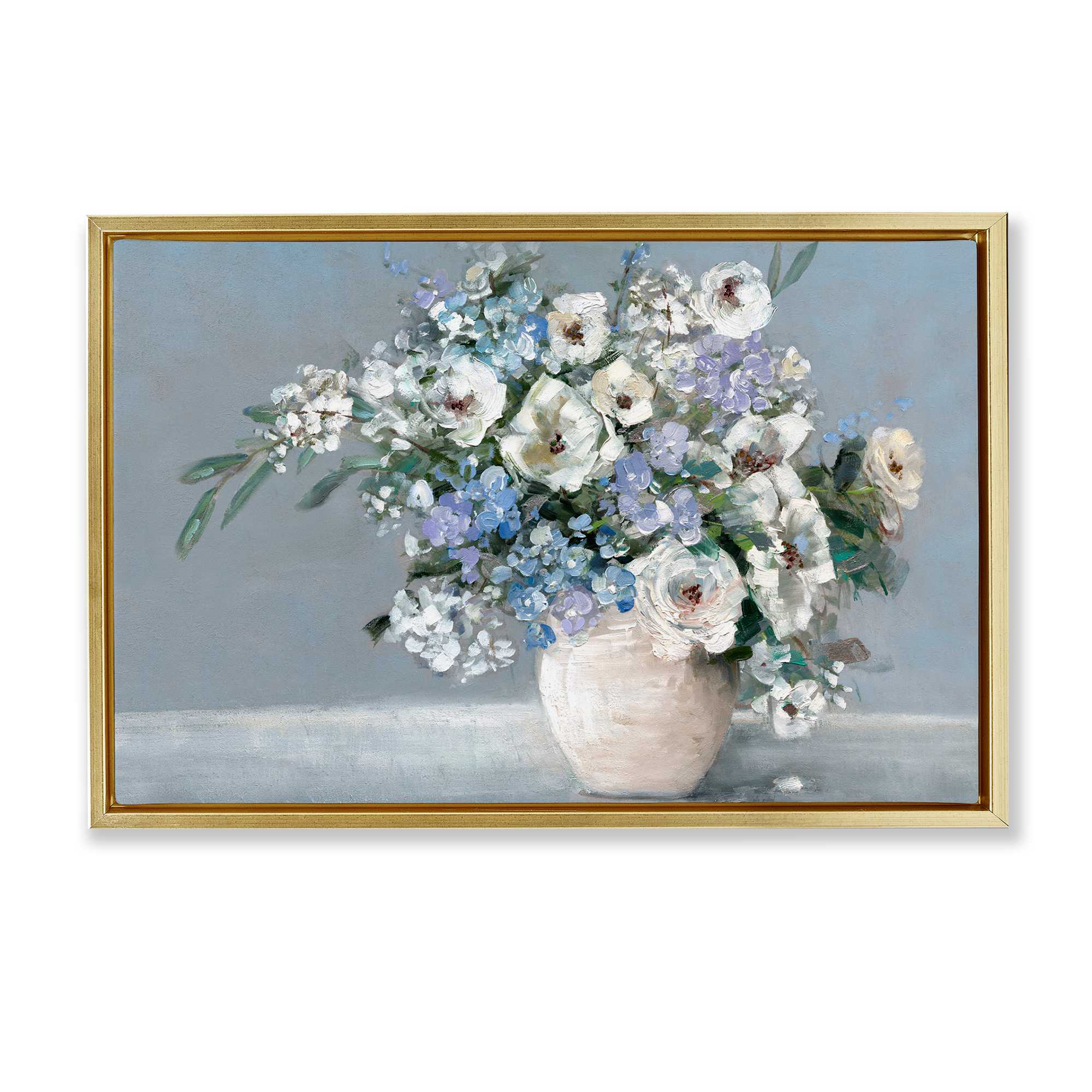 Stupell Industries BS-255-FFG-16X24 Elegant Blooms on Blue Gold Framed Floater Canvas Wall Art By Sally Swatland 25 x 17