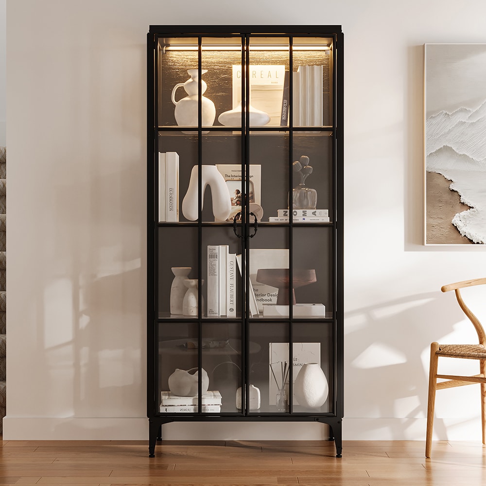 Homsee V-KF390126-01-AB Tall Black Metal Bookcase with Tempered Glass Doors and Adjustable Shelves Modern Display Storage Cabinet with Elevated Legs