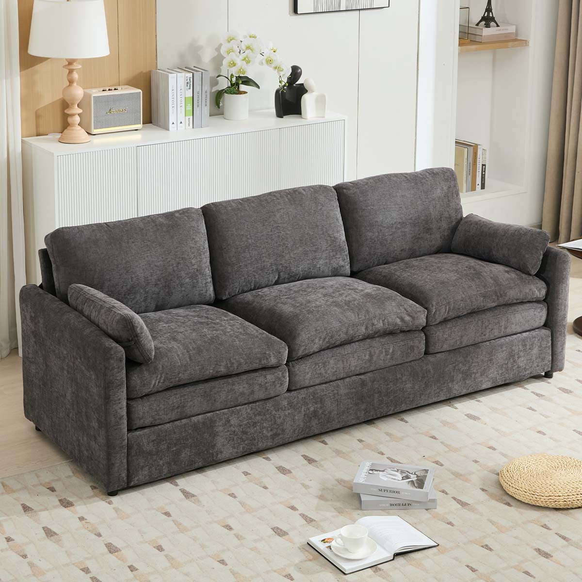 ModernLuxe Assembly Required 89inch  Cozy Upholstered 3seater Sofa Oversized Comfy Cloud Sofa Double Cushion 3seater Sofa Plush Cushion Sofa Couch for Living Room Grey
