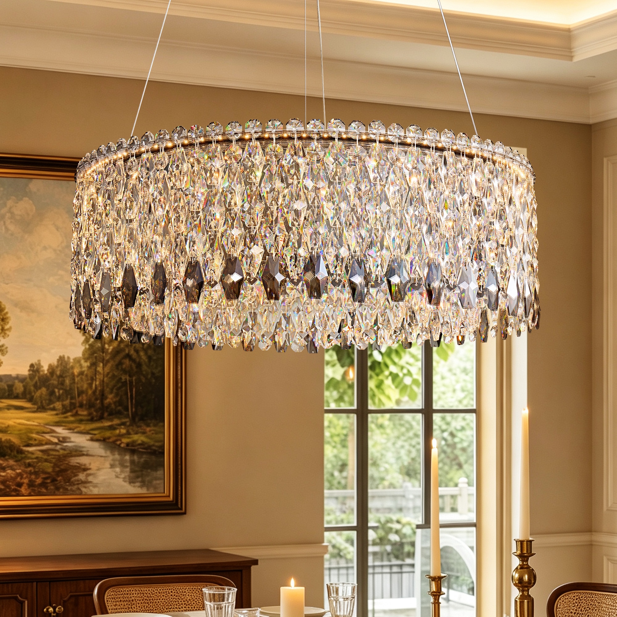 FANNEHONNE 24 in. Modern Gold Crystal Drum LED Chandelier Dimmable Round Pendant Light for Dining Room Living Room Foyer