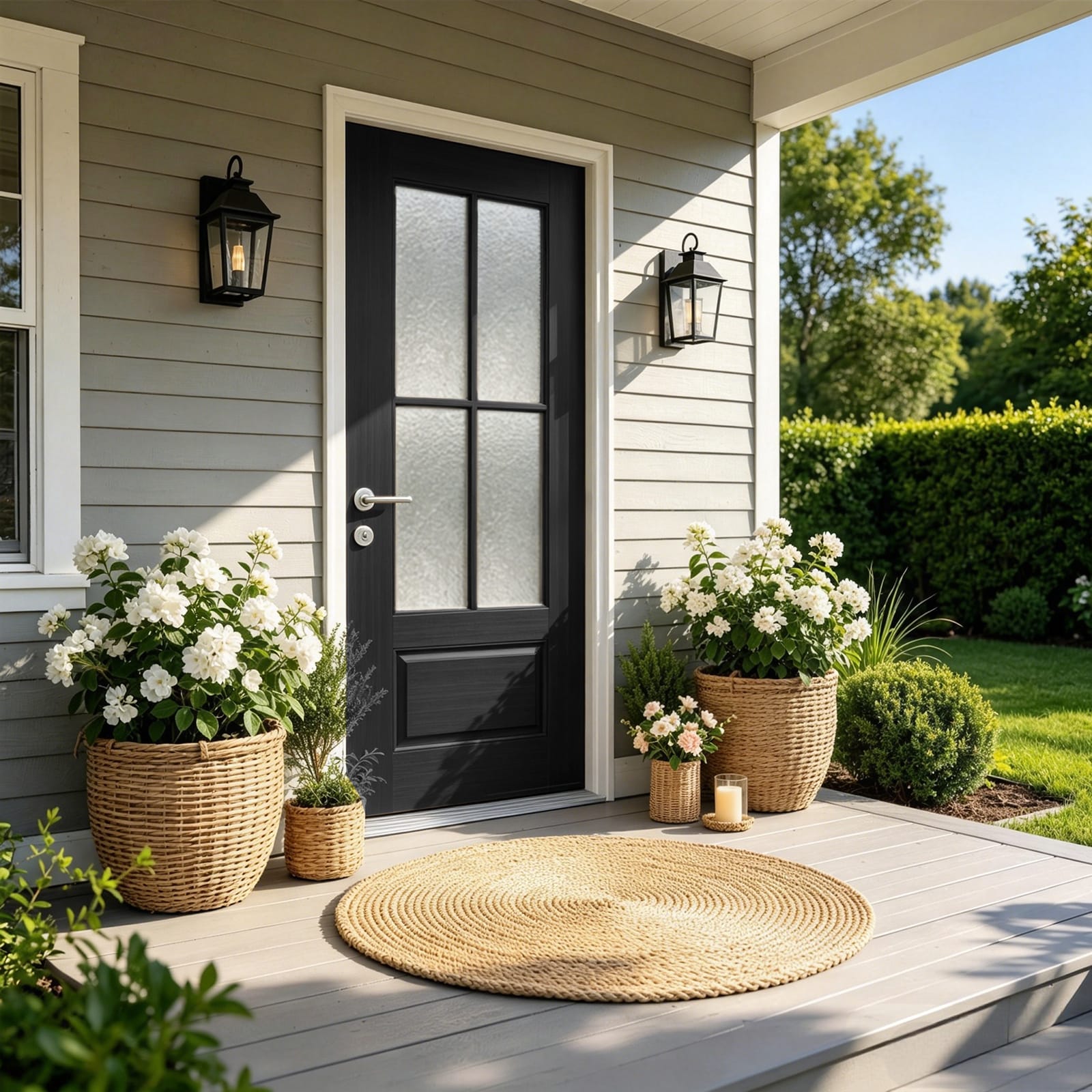 GDFStudio 36 inch x80 inch  Fiberglass Front Door with White 4-9/16 inch  PVC Frame Right-Hand Inswing Exterior Door with Brickmould Contemporary minimalist brushed skin with water glass for Home Entrance Black