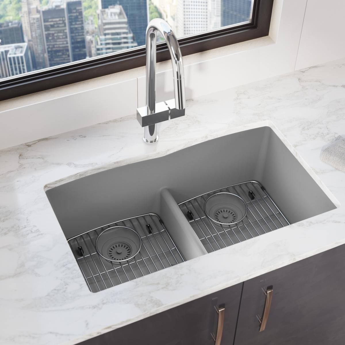 Greystone Quartz Double Bowl Undermount Kitchen Sink