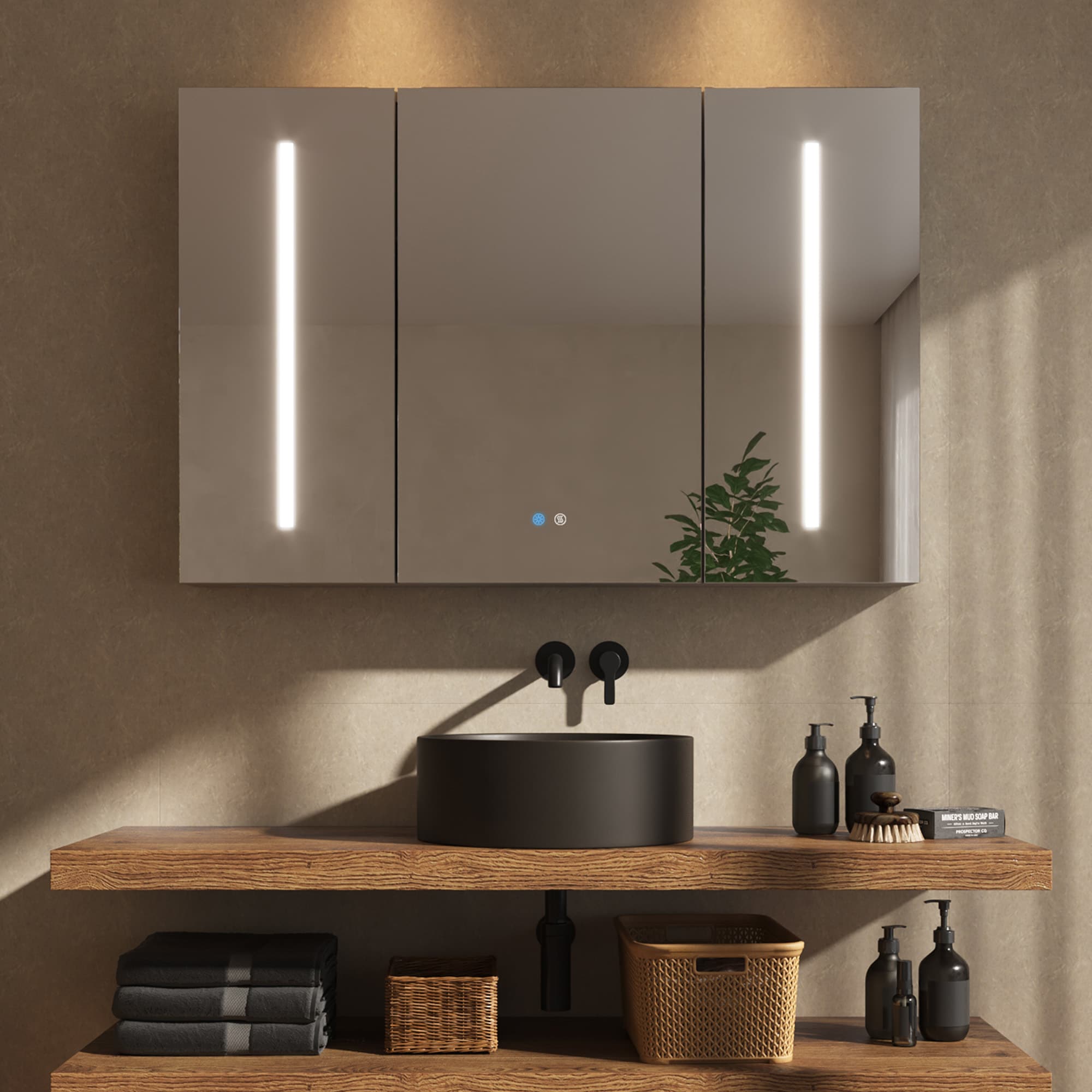 DeerValley - 48-in x 32-in Lighted LED Fog Free Surface Mount Black Mirrored Rectangle Soft Close...