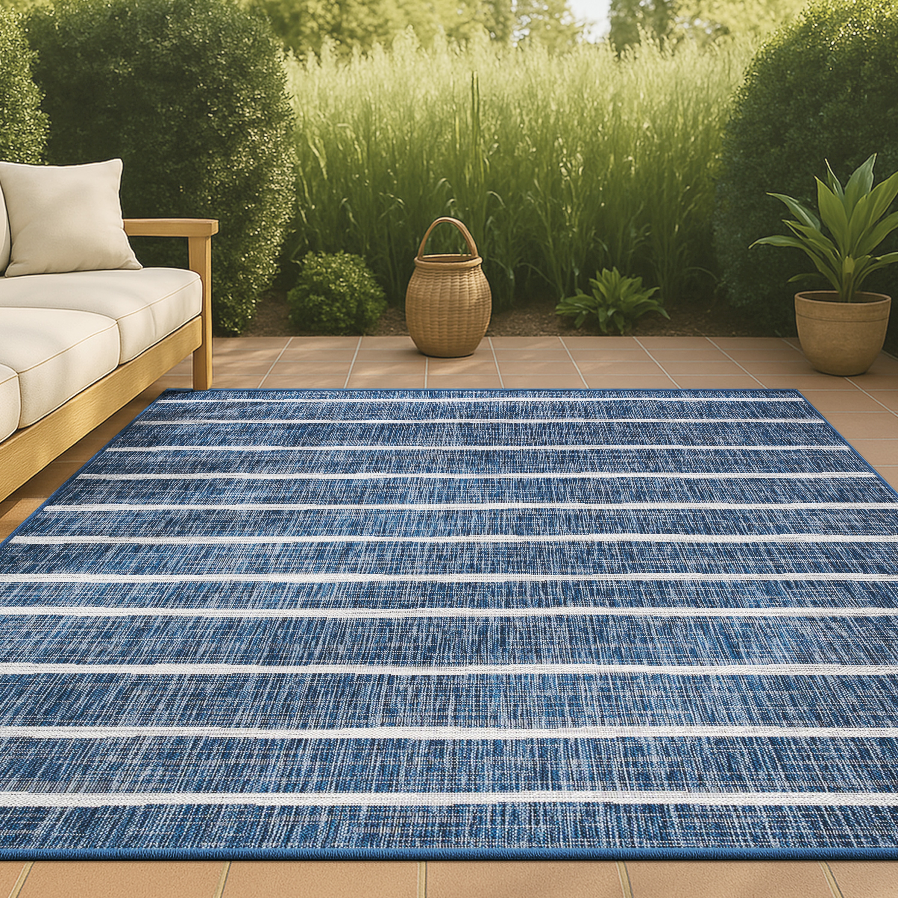 JONATHAN  Y SMB125C-5 Santa Monica Colonia Berber 5 x 8 (ft) Loomed Polypropylene Blue/Ivory Rectangular Indoor/Outdoor Stripe Bohemian/Eclectic Area rug