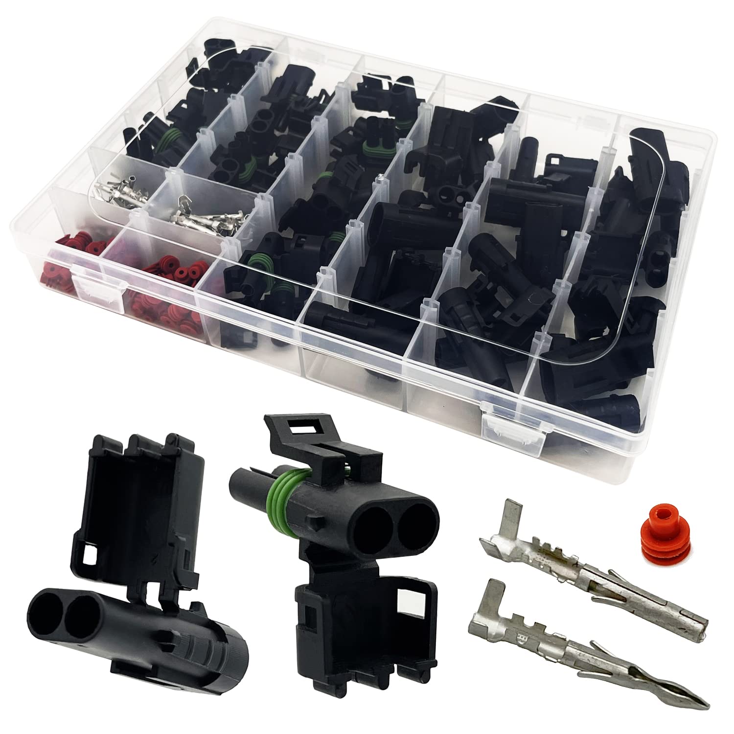 Afoxsos  20 Kits 2 Pin Connector Weather Pack Electrical Waterproof Connectors Kit Automotive 2 Wire Plug Kit for 18-14 AWG Wires