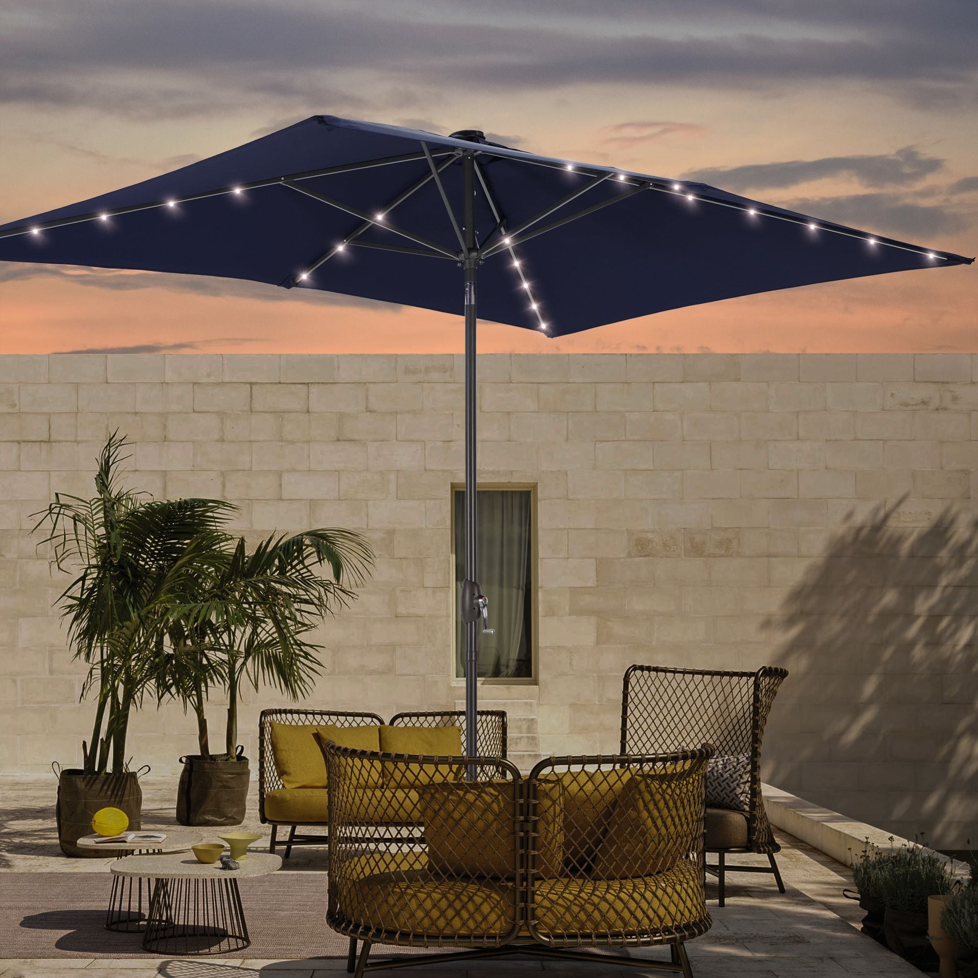 Sonkuki SD-S103NY-LED 9-Feet Steel Blue Push-button Tilt Market Patio Umbrella with Lights and