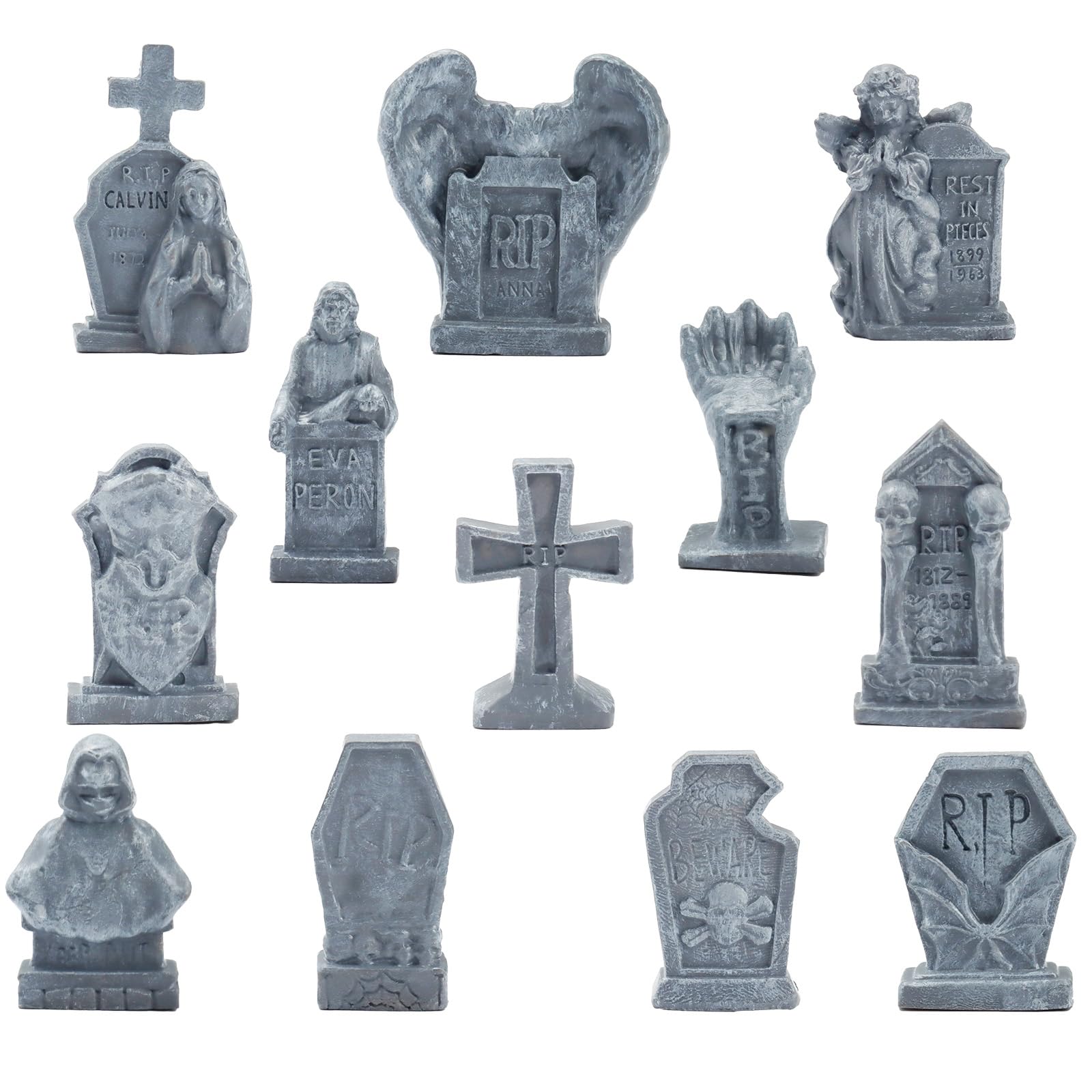 Justincity  12 Pcs Miniature Tombstones Figurine Set Mini Resin Gravestones Multiple Sizes for Mini House Graveyard Scene Diorama Crafts Halloween