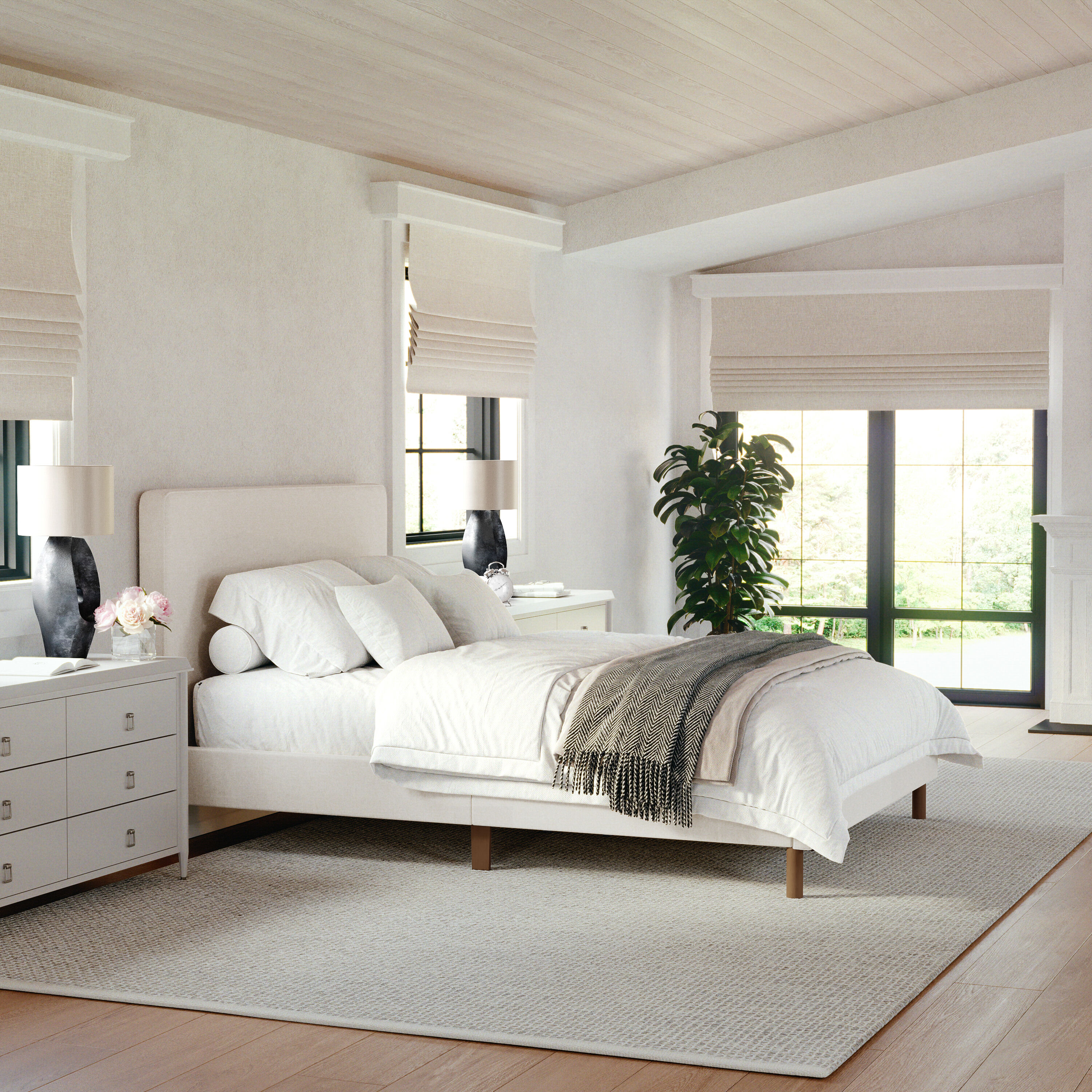 Martha Stewart 196861067303 Britta Full Upholstered Platform Bed with Rounded Headboard; Piped Detailing and Cushioned Siderails; Wood Slat Bottom; No Box Spring Needed; Beige
