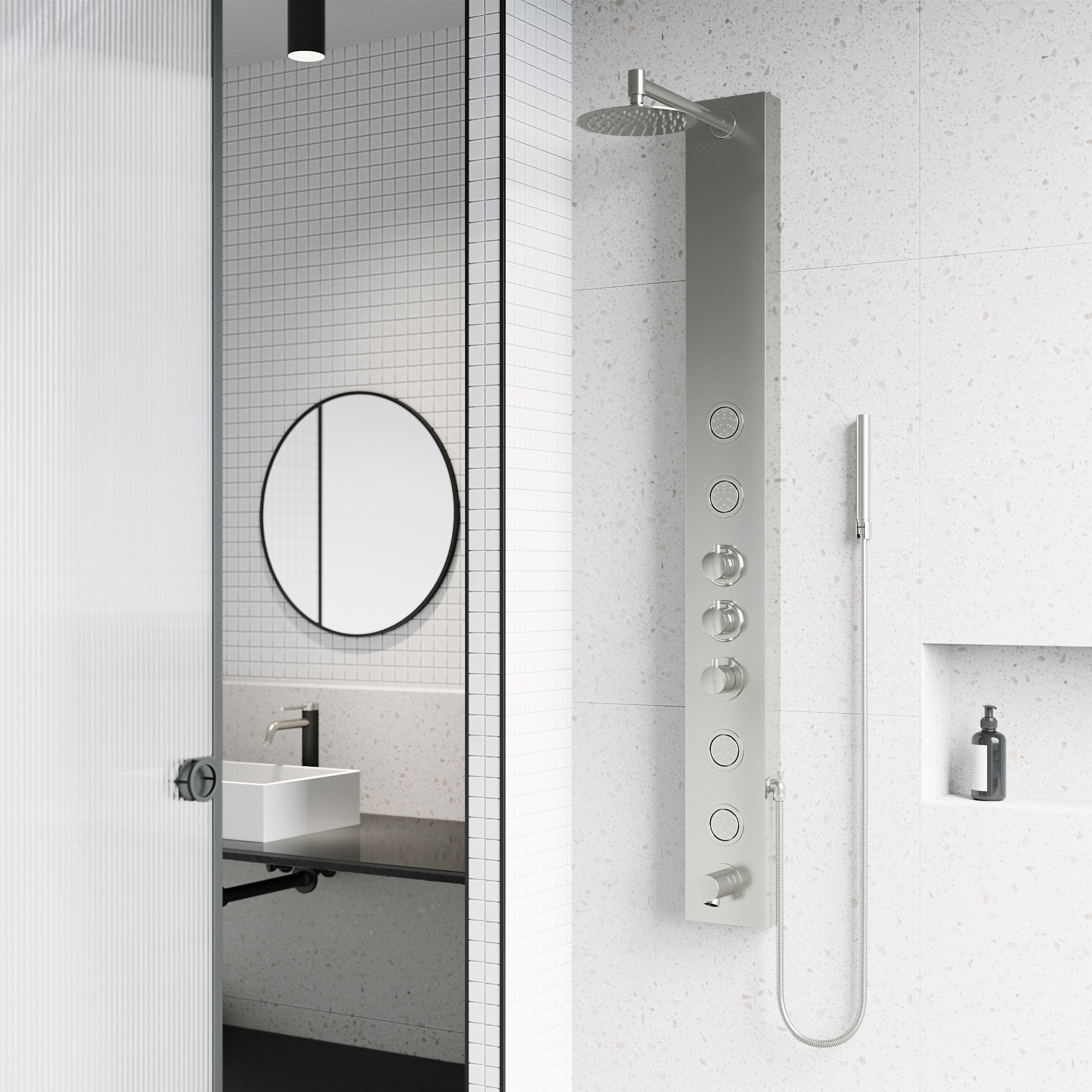 Bowery Stainless Steel 59" Shower Panel with Hand Shower and Jets