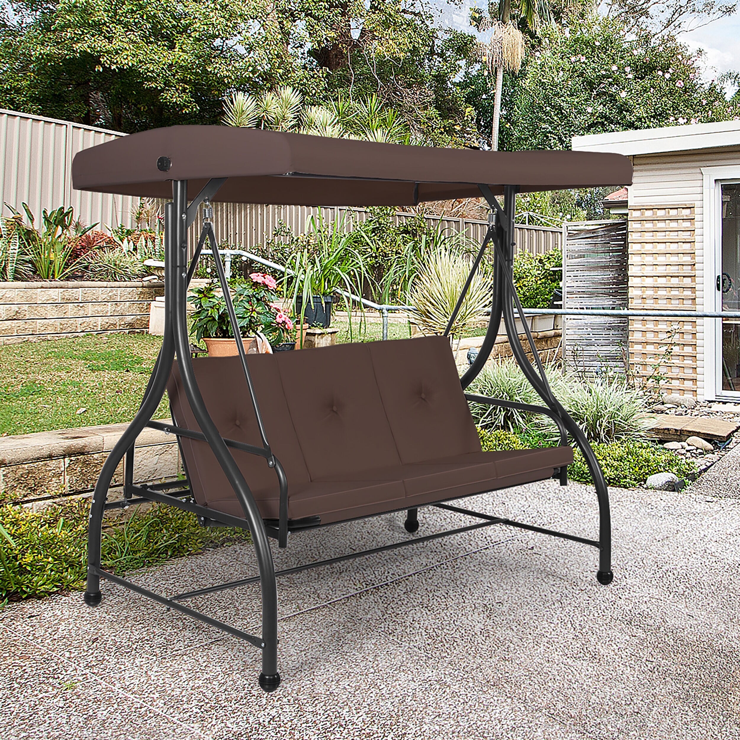 CASAINC Canopy Swing Glider 3 person Brown Steel Outdoor Swing in