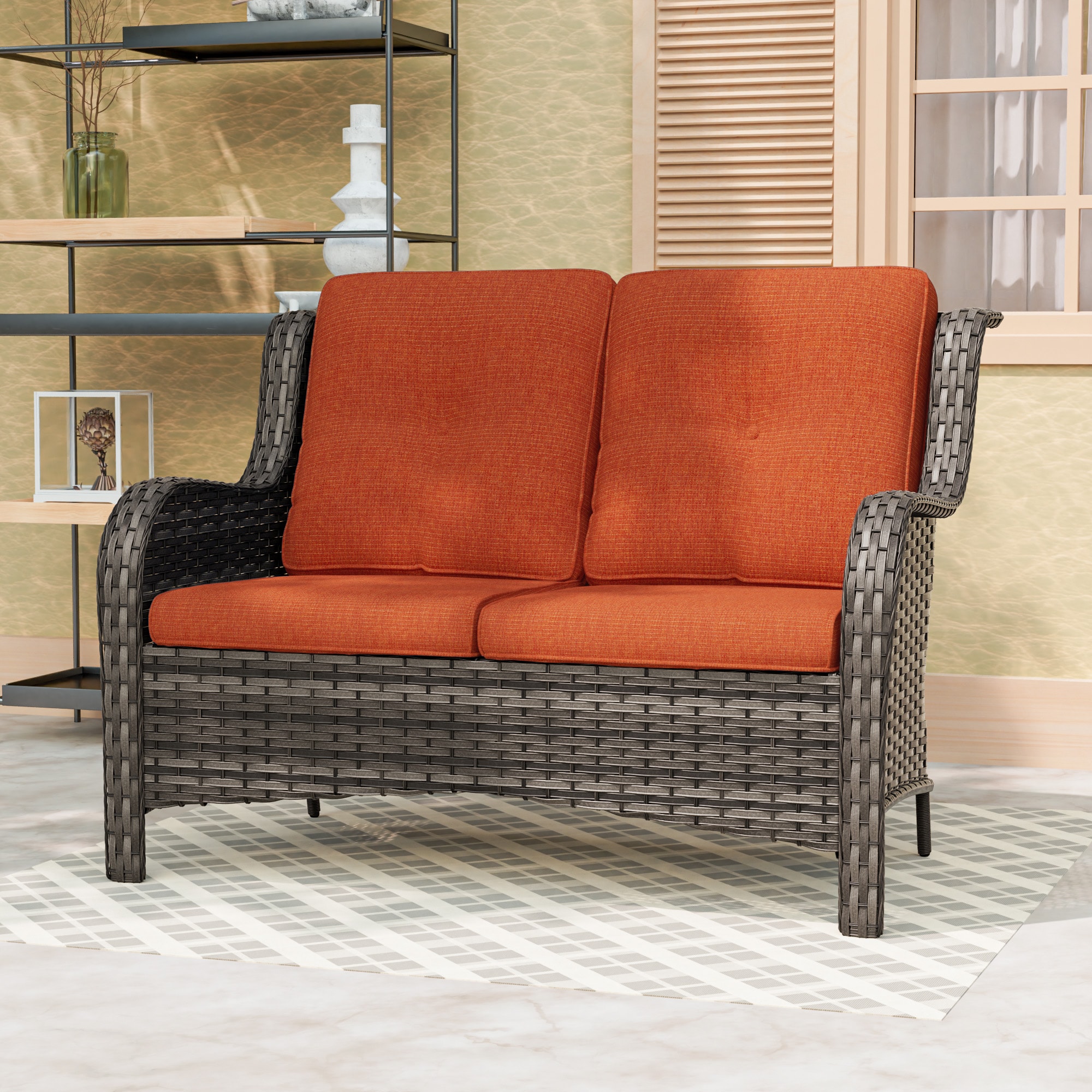 Gardenbee HGL-M79-ORG Wicker Furniture Wicker Outdoor Loveseat with Orange Cushions and Steel Frame