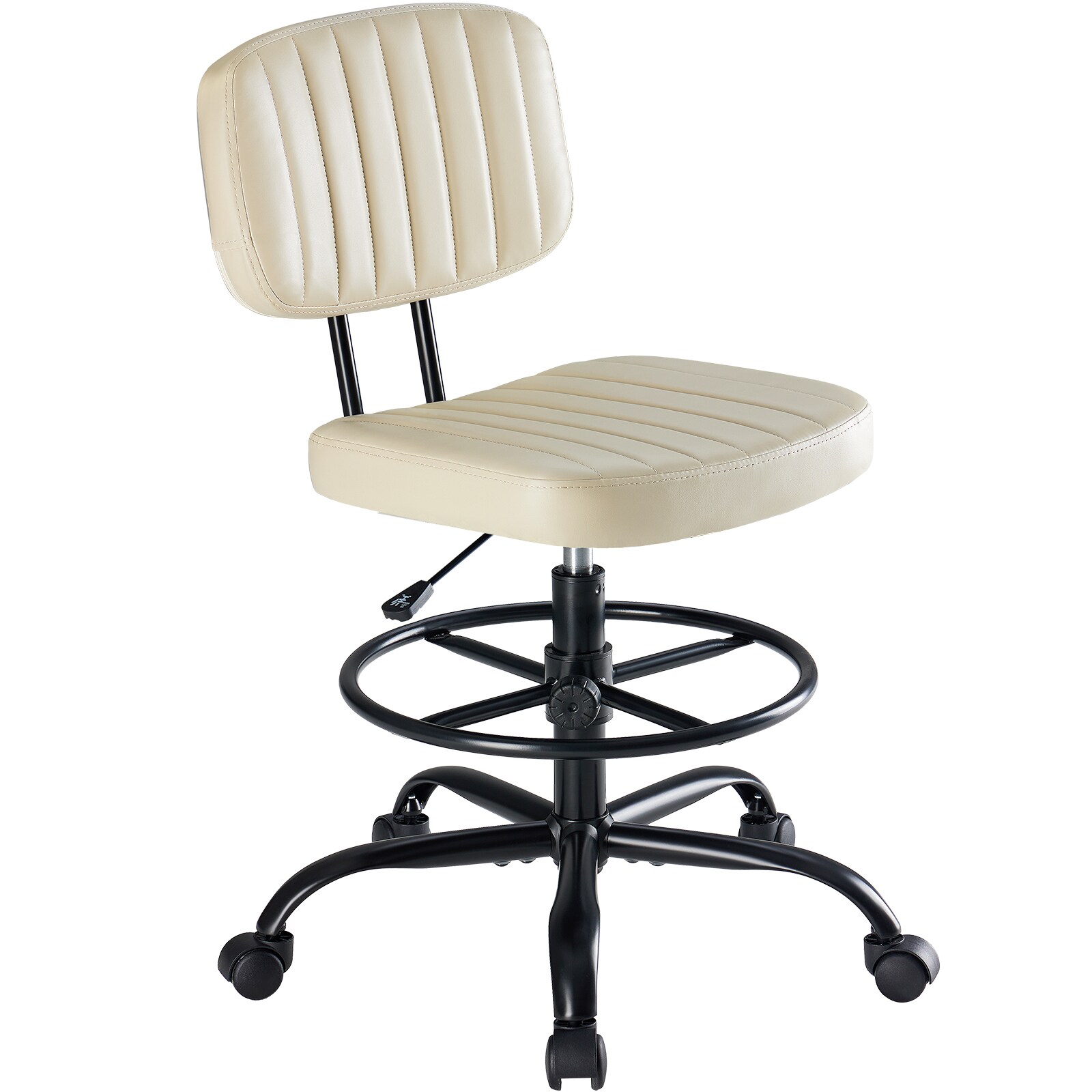 Sweetcrispy Beige PU Leather Tall Armless Swivel Drafting Office Chair with Footrest and Detachable Backrest