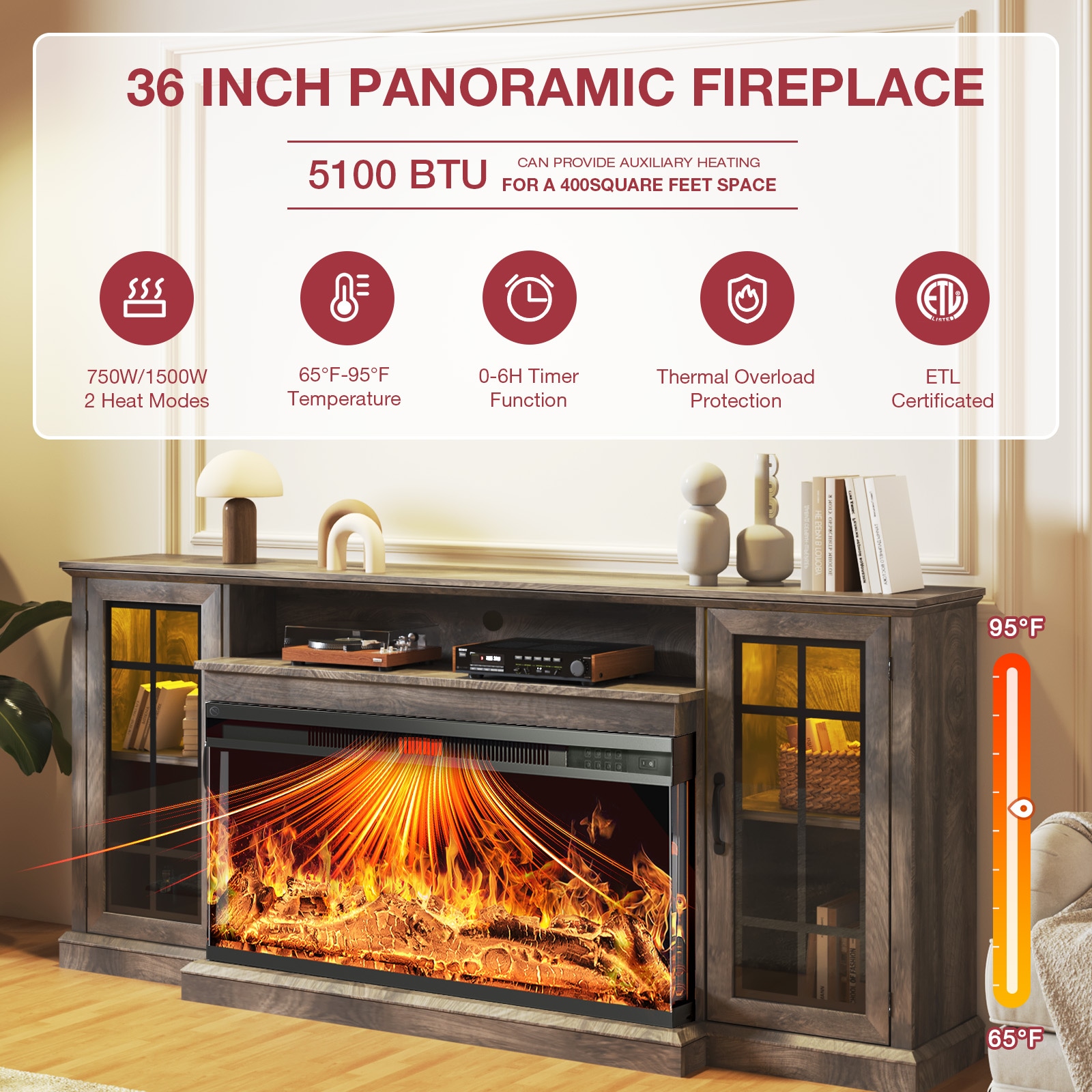 AOXUN 70-in W Gray TV Stand with LED Electric Fireplace