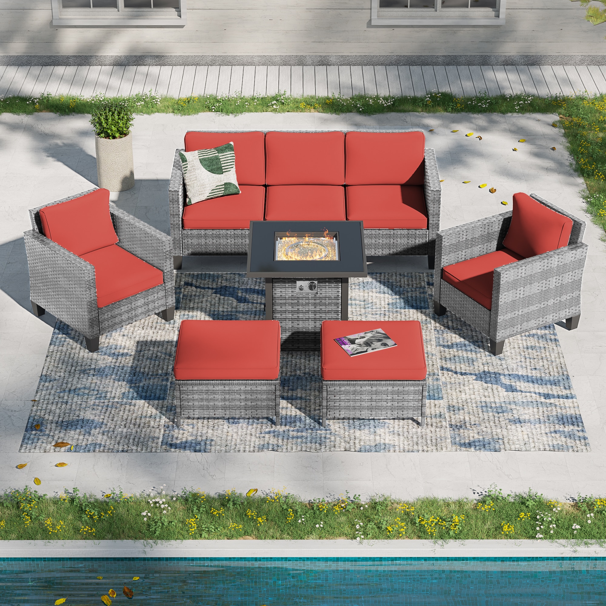 ACEGOSES LW-115HOG-T4 Skytop 6 -Piece Wicker Patio Sofa Conversation Set with Red Cushions