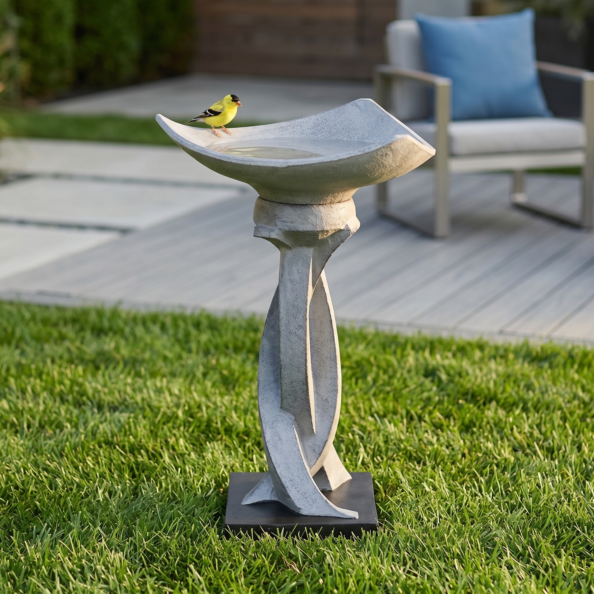 Watnature  Weatherproof Concrete Bird Bath with Twisted Abstract Design 22.8 Inch Tall Contemporary Pedestal Birdbath Durable Outdoor Artistic Water Station for Wild Birds