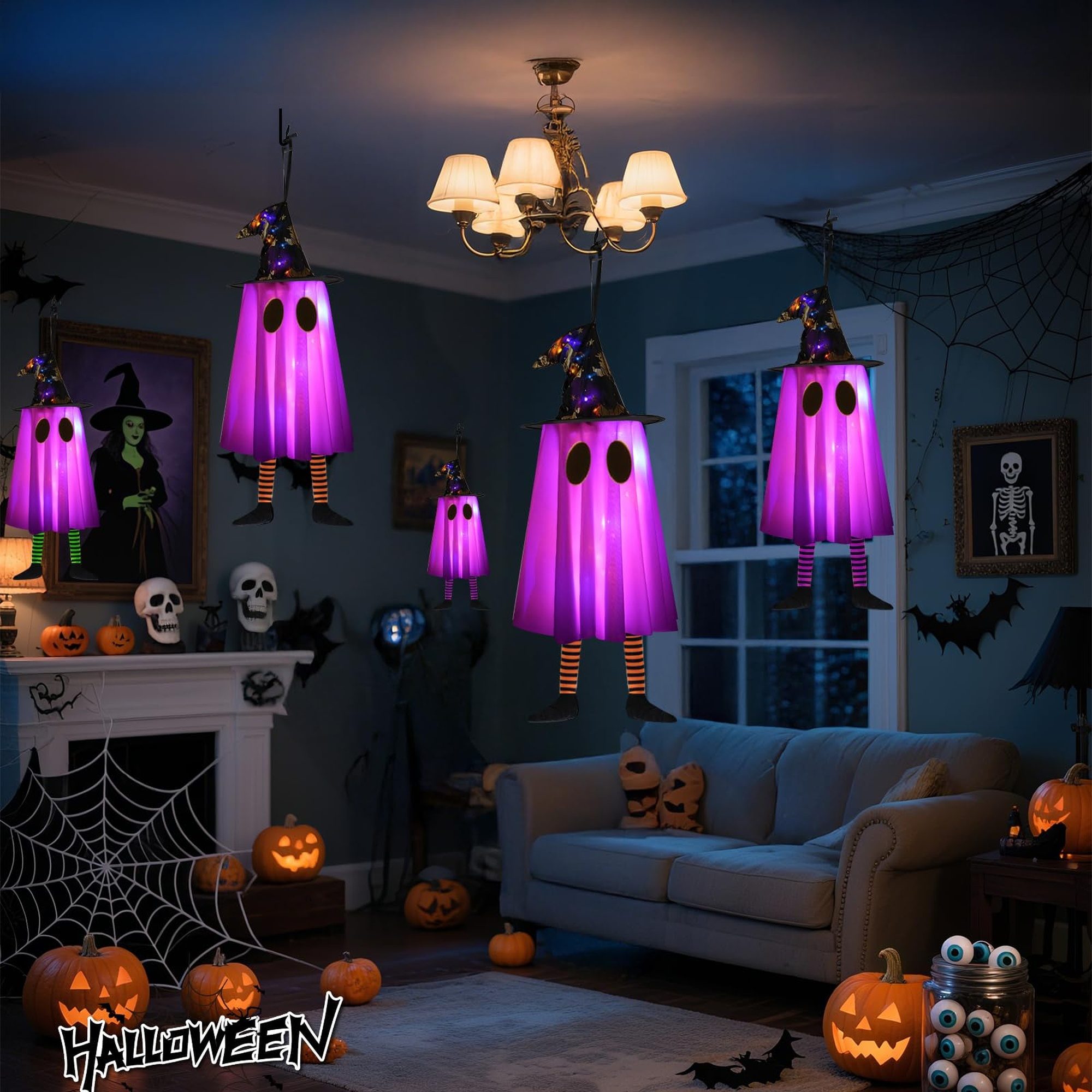 Wudkey 6 Pack Orange and Purple 20 LED Glowing Ghost with Witch Hat ...